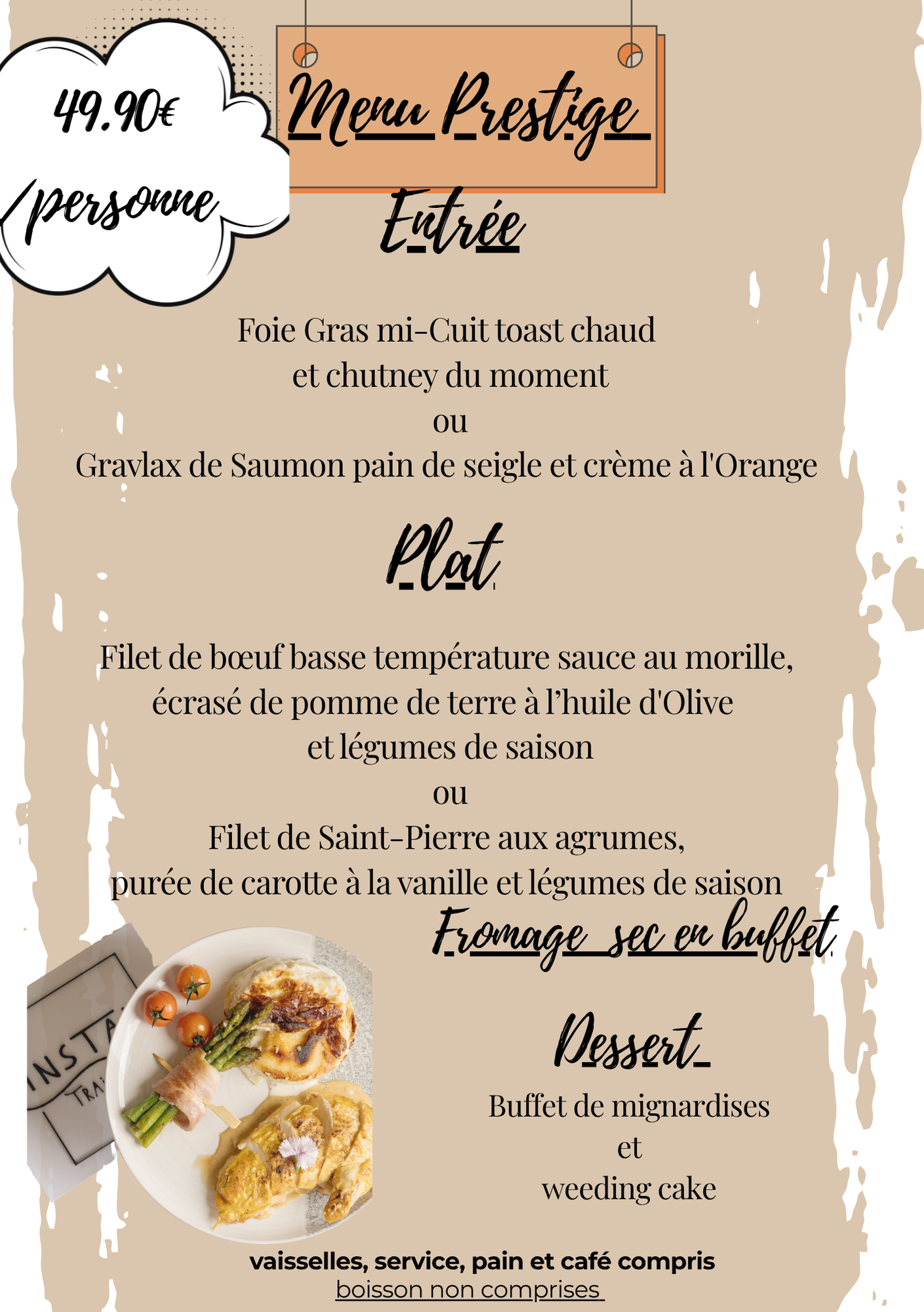 Affiche de menu français avec entrée, plat et dessert, fond beige et photos de plats, 49,90 € par personne