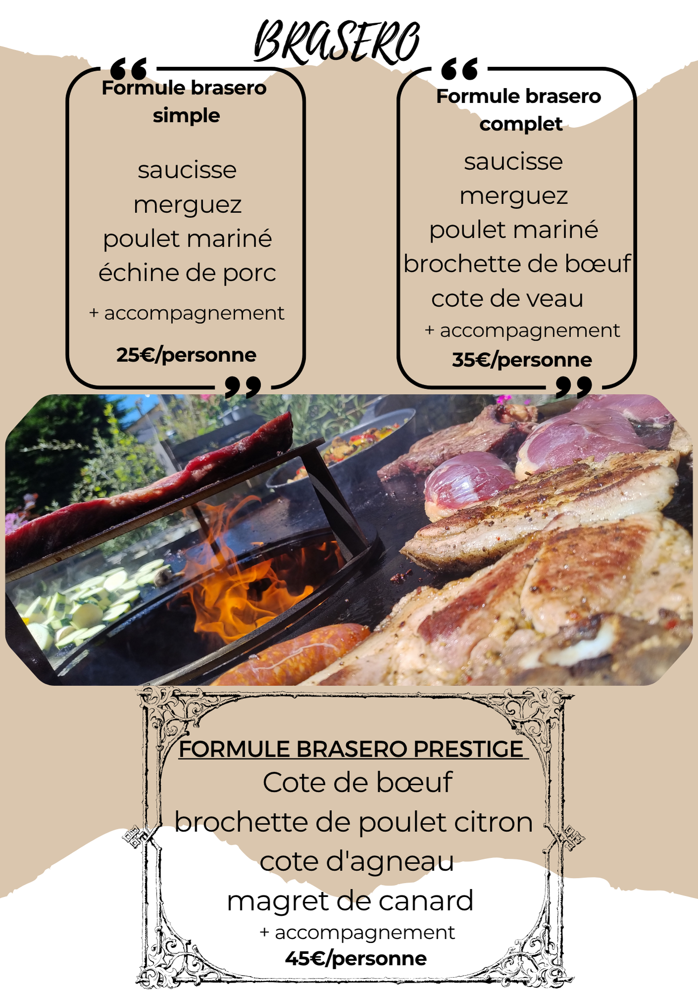 Collage du menu de la brasserie Brikstero avec des descriptions de viandes grillées, de brochettes et de plats français