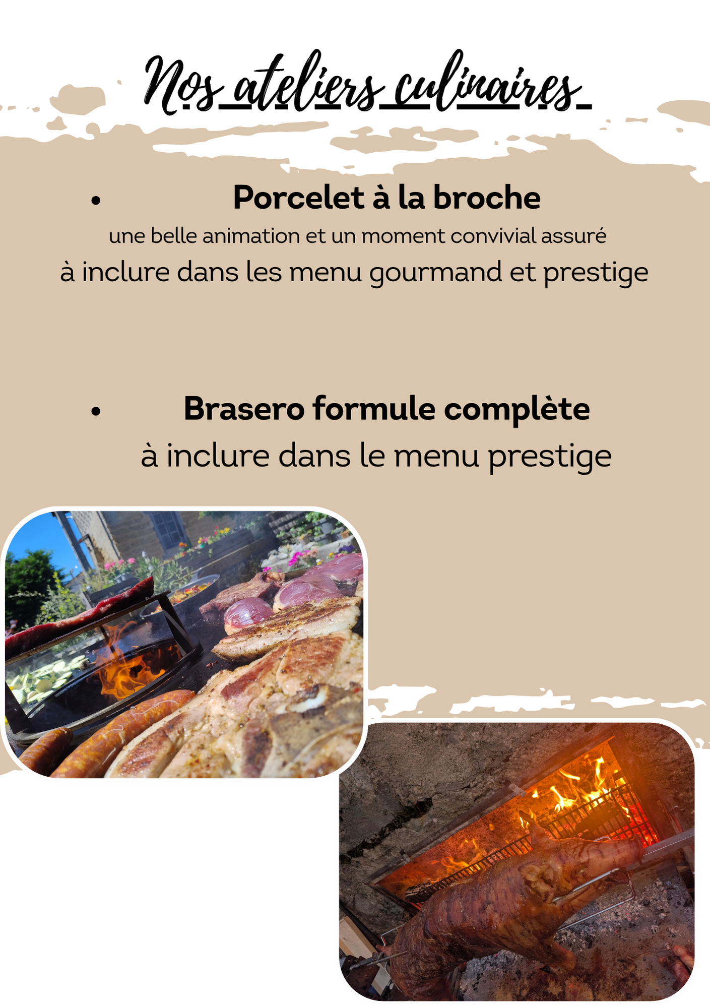Affiche culinaire française avec deux images d'une broche et d'un brasero à charbon complet, en beige et noir.