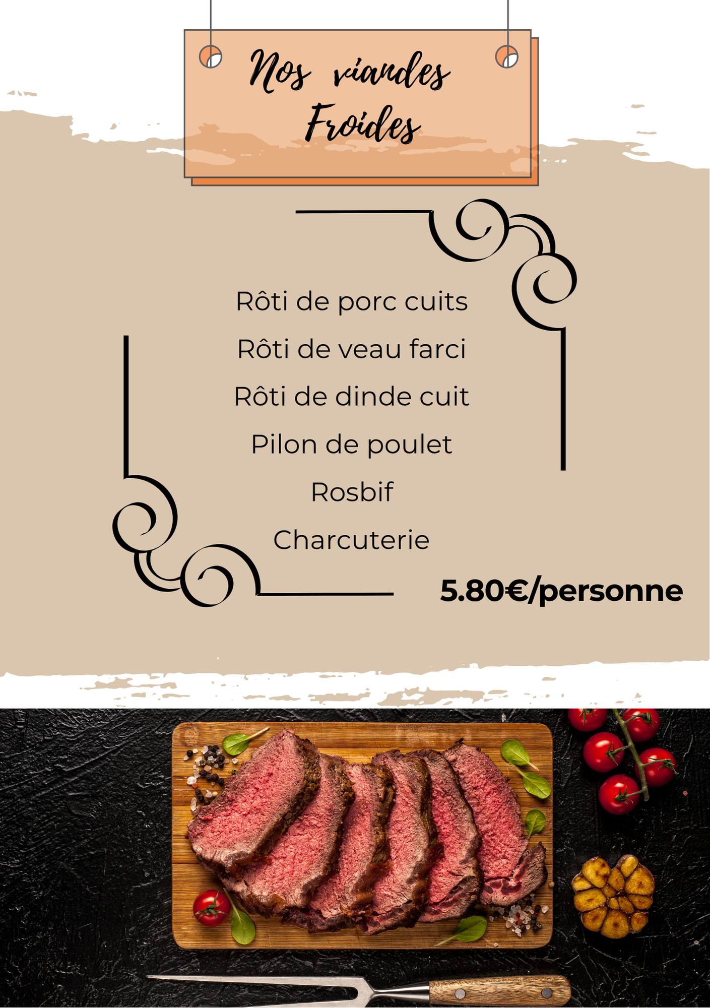 Dépliant de menu français avec en-tête pêche et photo de steak, prix : 5,80 €/personne