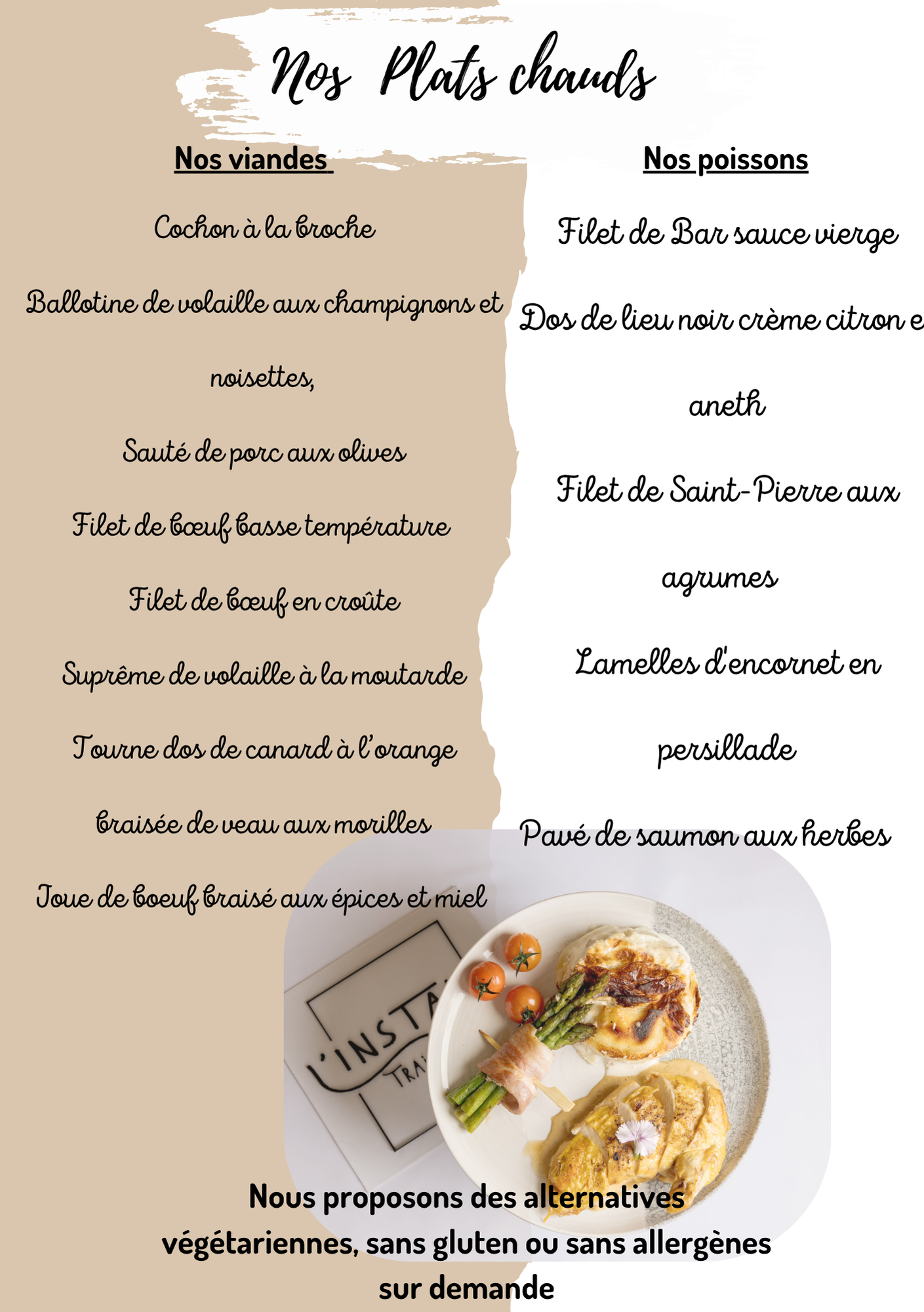 Menu de plats chauds en deux colonnes avec photo d’assiette et note sur les allergies, sur fond beige.