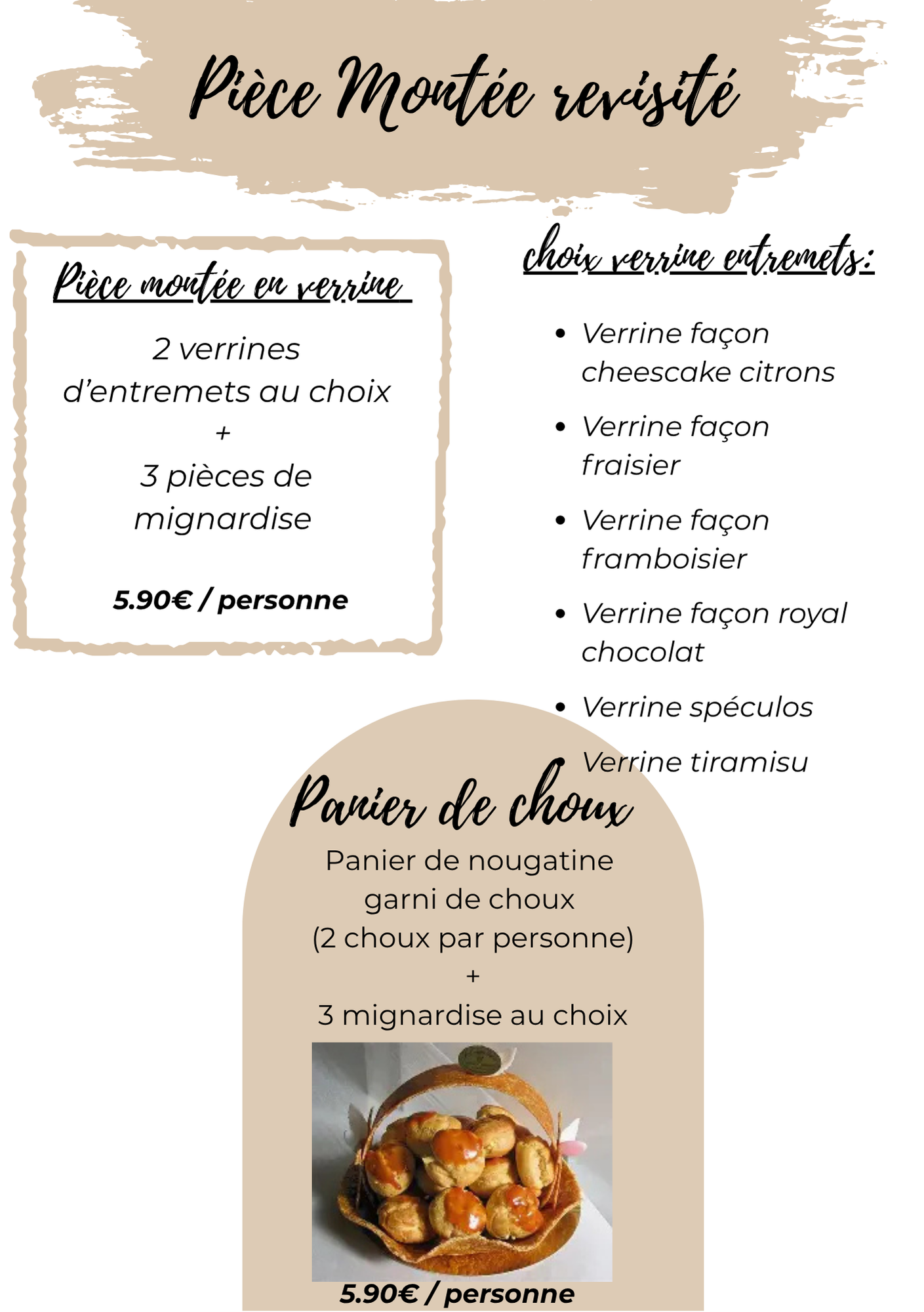 Dépliant pour plats et desserts faits maison, avec menus, prix et photo de dessert sur fond beige