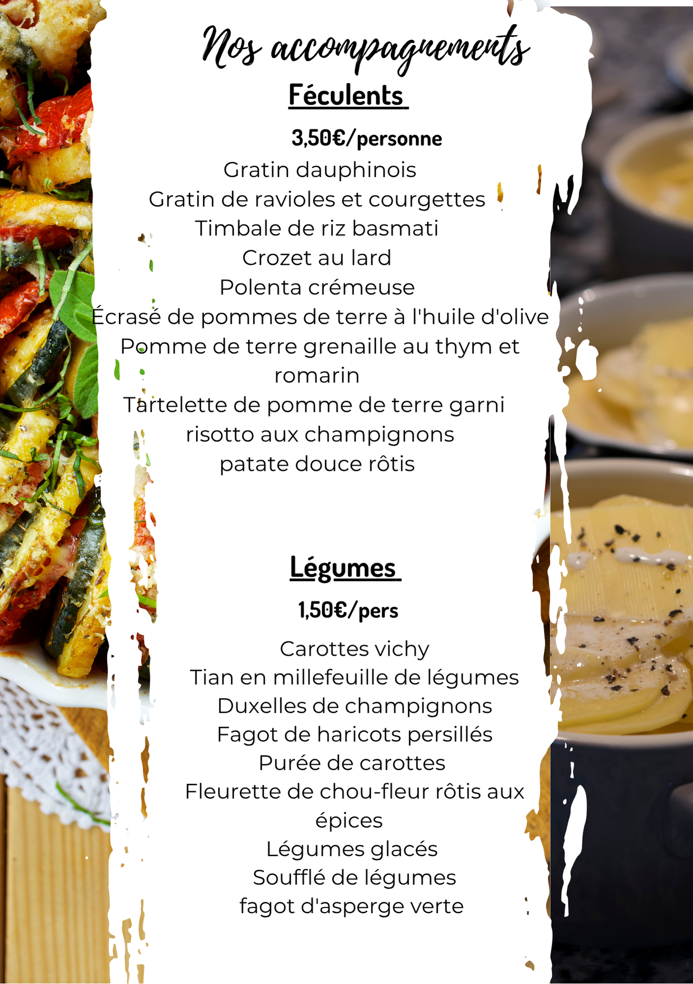 Menu français des accompagnements et légumes, texte noir sur fond blanc avec plats en arrière-plan