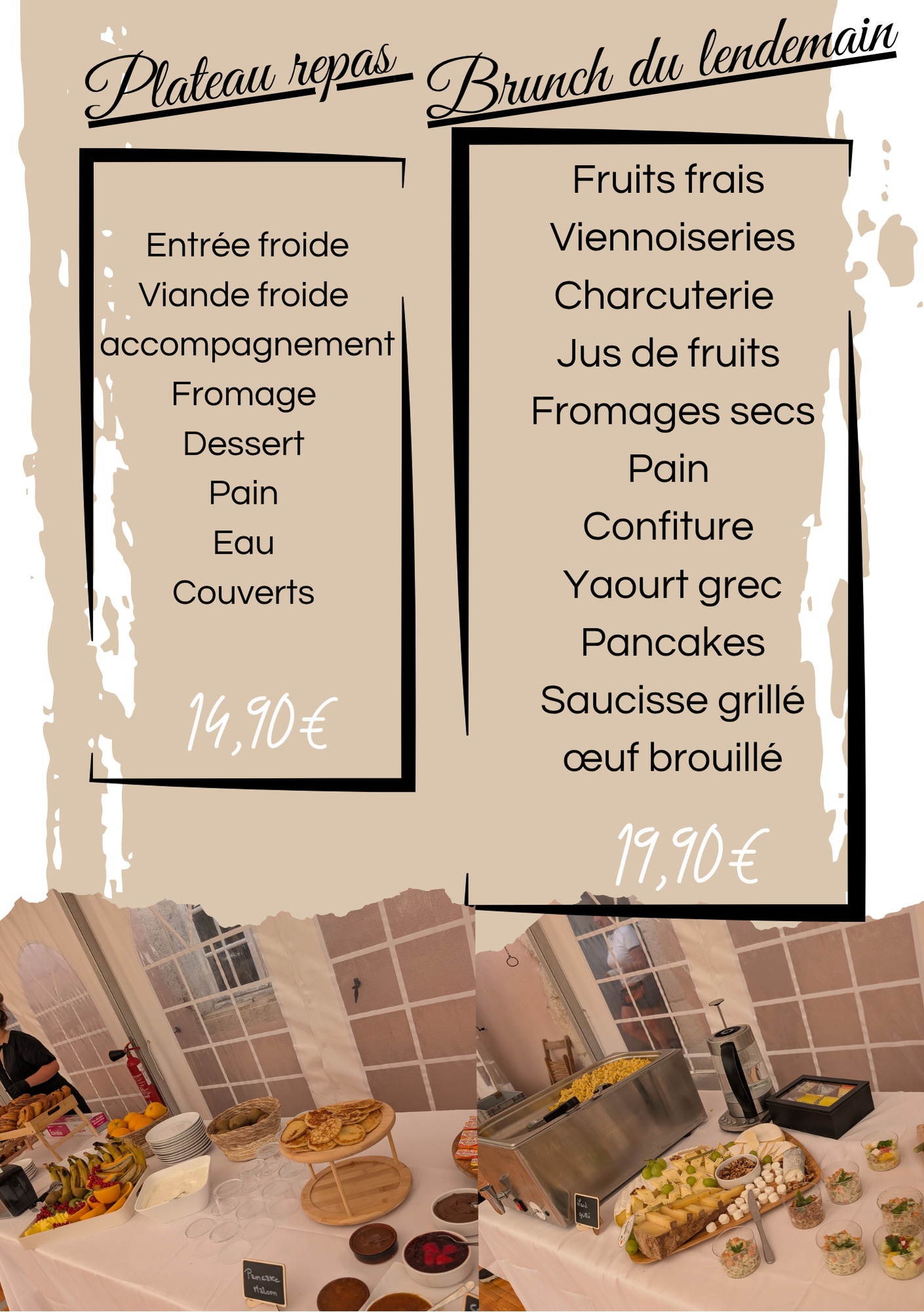 Tableau de menu de brunch français sur fond beige, avec une table dressée avec des plats et des boissons en dessous.