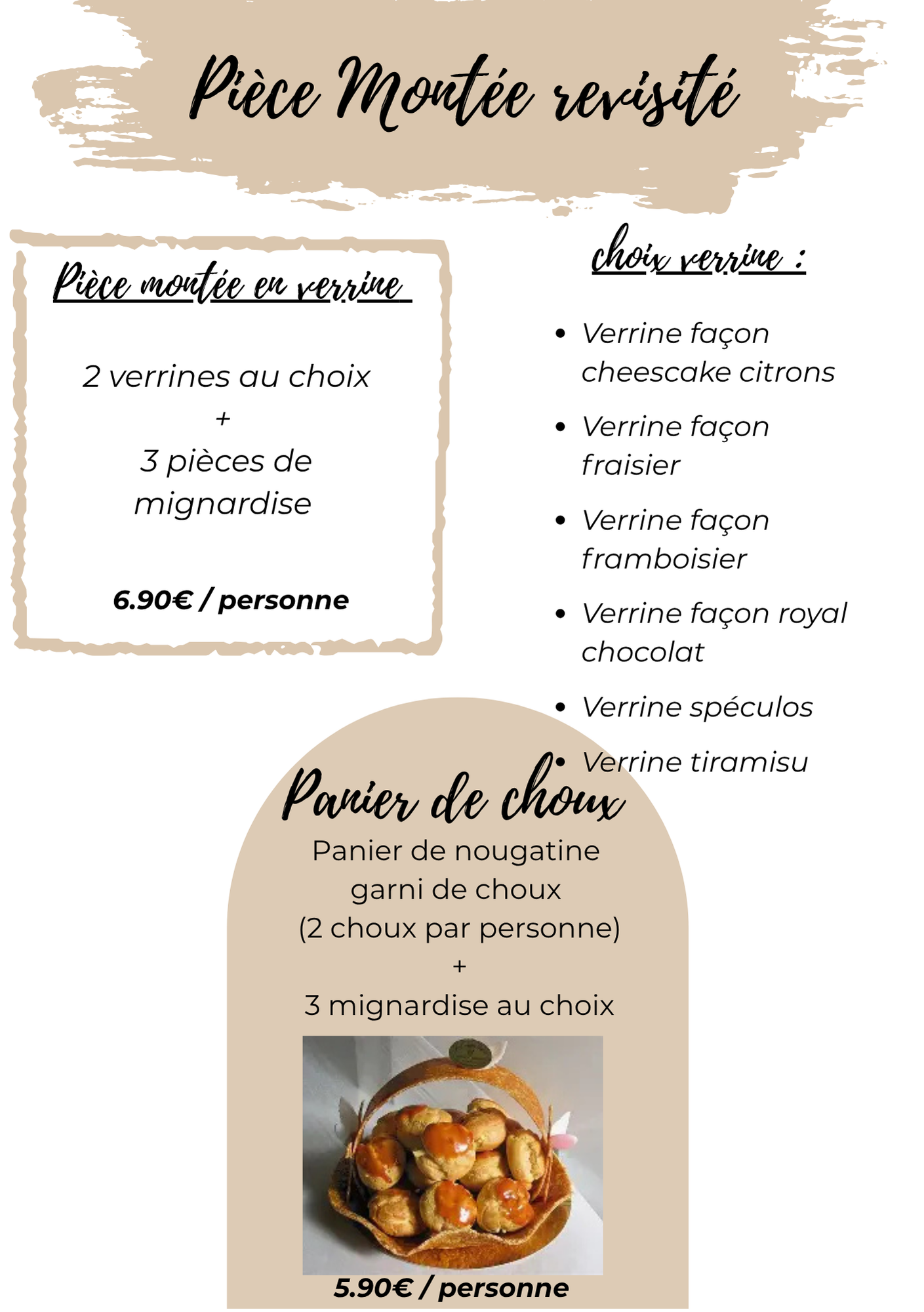 Menu en français pour pièces montées revisite, plateaux blanc et beige avec liste de choix de gâteaux.