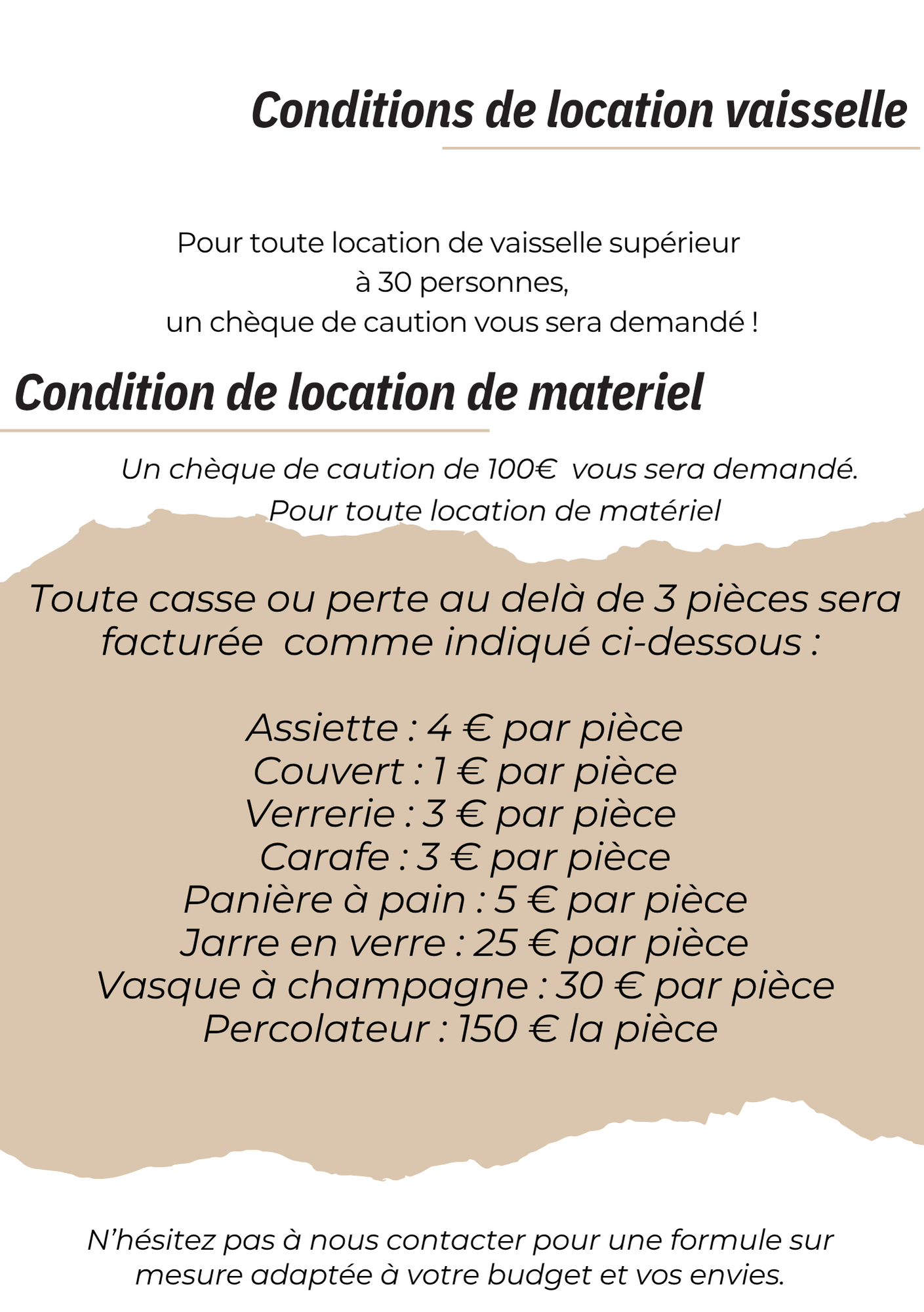 Dépliant français répertoriant les conditions et les prix de location de vaisselle et de matériel.