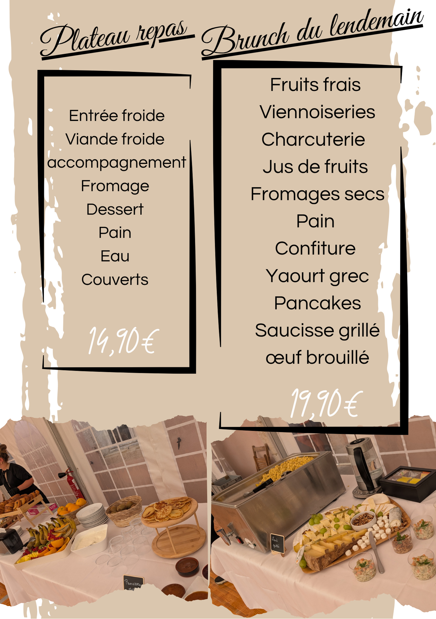 Menu brunch français avec les plats et leurs prix, présenté ci-dessus, accompagné de photos d'une table de brunch dressée.