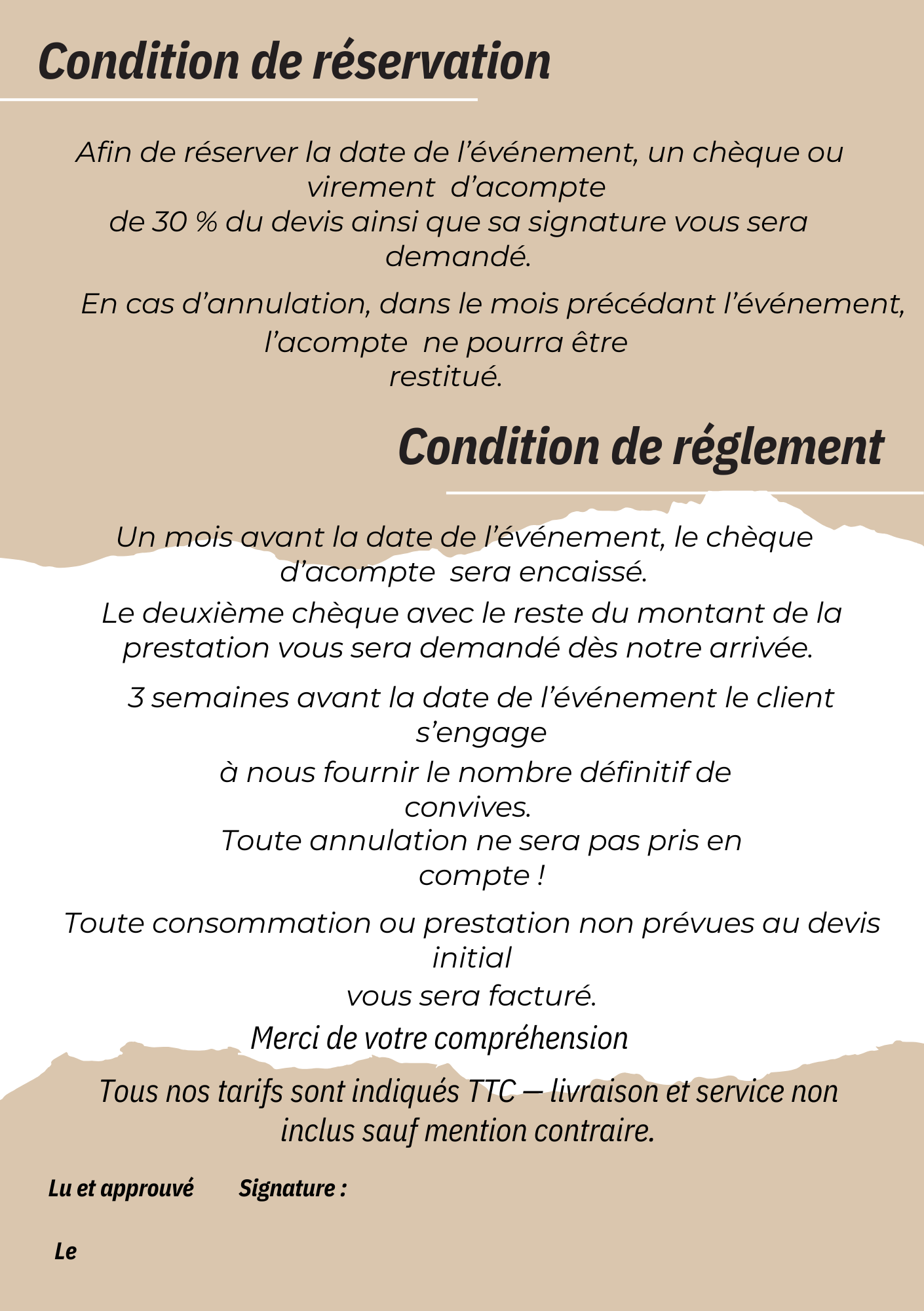 Document en français relatif aux conditions de réservation et de paiement