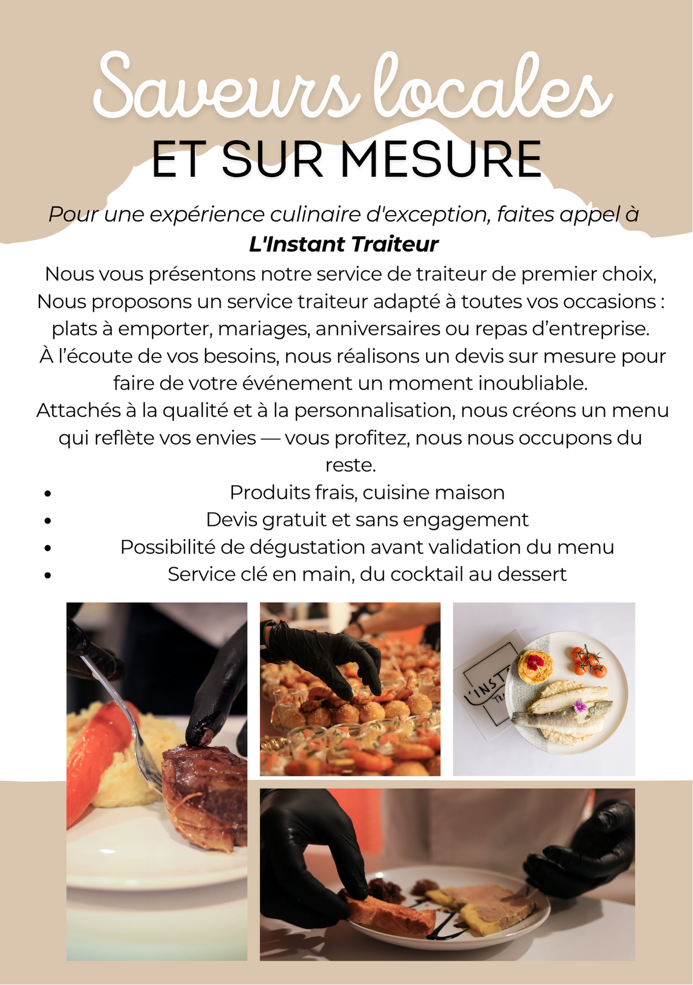 Dépliant de menu français intitulé « Saveurs locales et sur mesure » avec photos et textes.