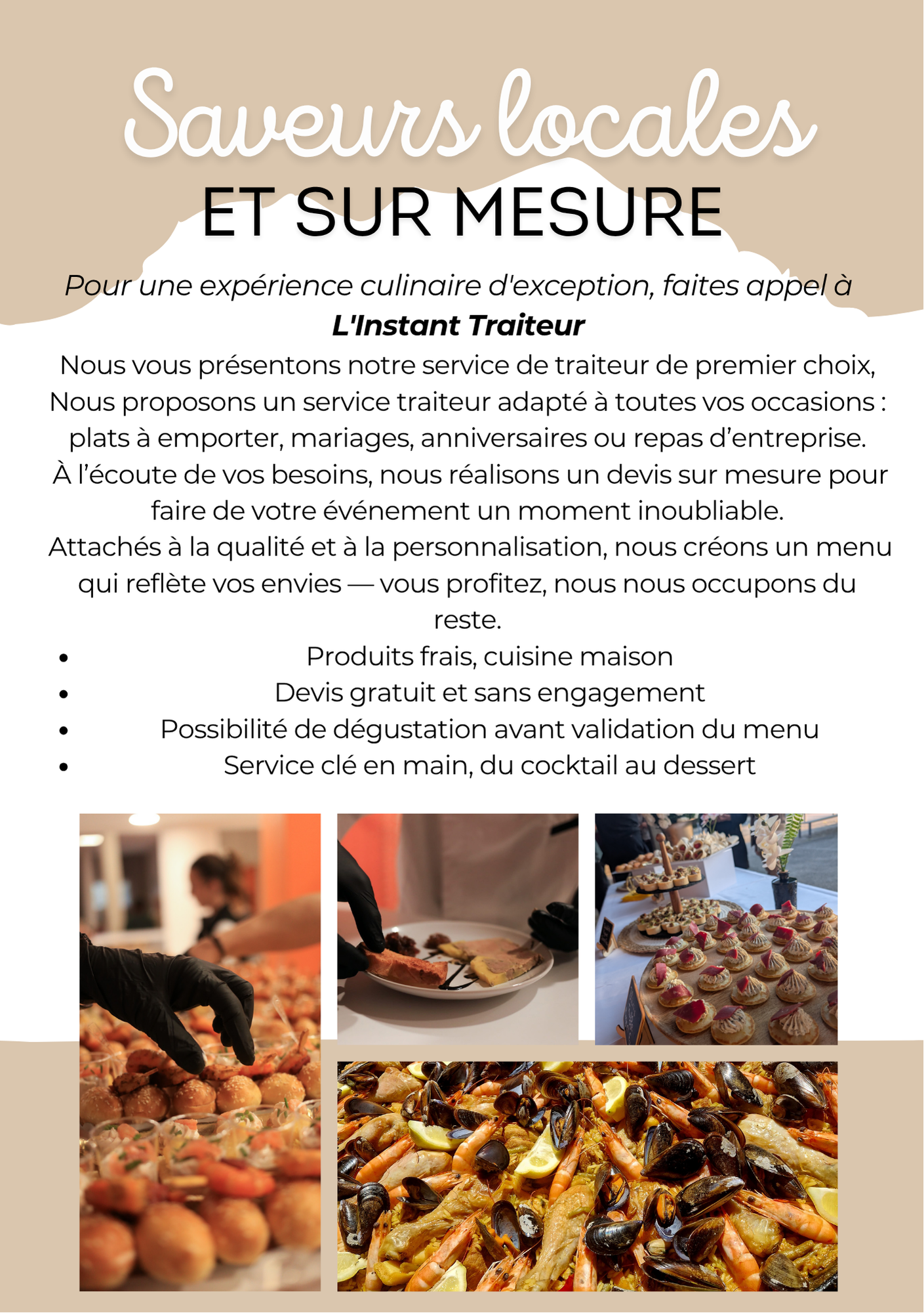 Flyer for “Saveurs locales et sur mesure” with food market photos and French event details