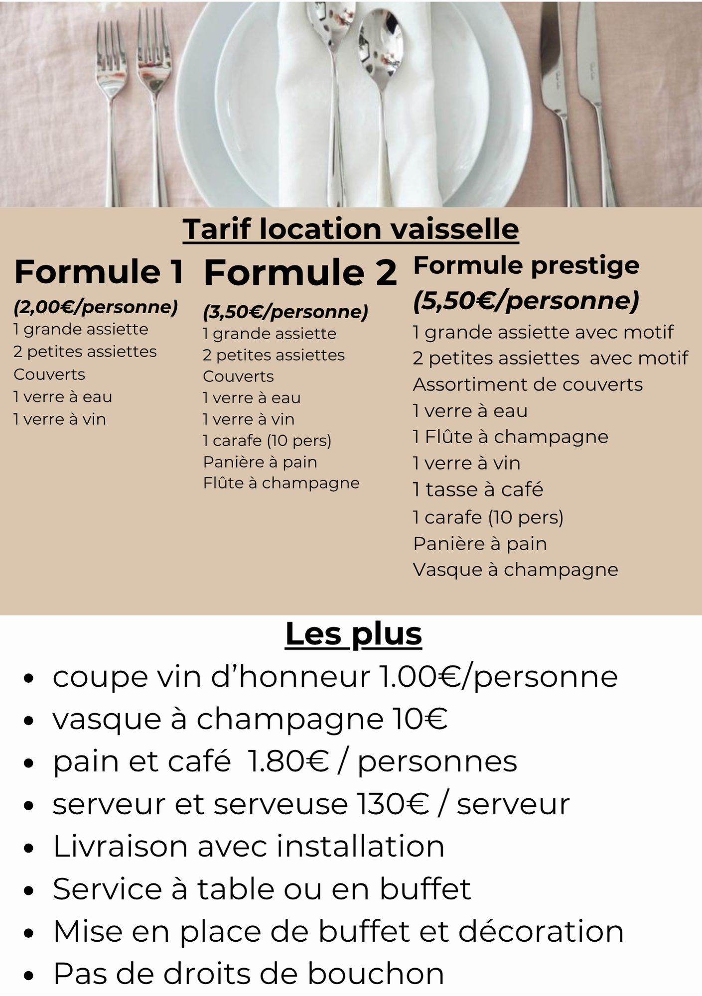 Tarif location vaisselle affichant trois formules et des options de service sur fond beige.