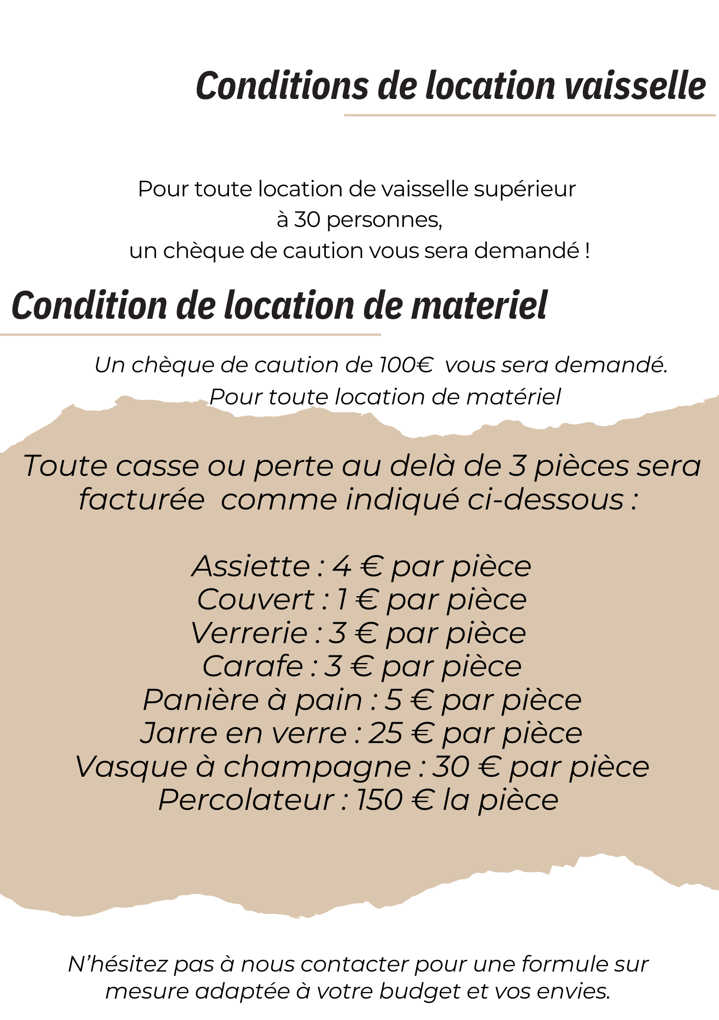 Dépliant français listant les conditions et les prix de location de vaisselle et de matériel.