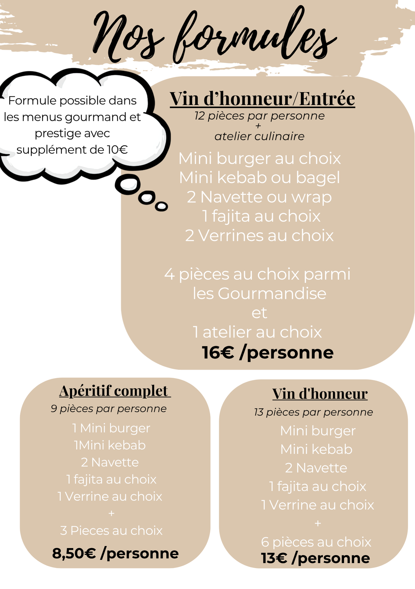 Affiche de menu de restaurant français avec quatre menus fixes et leurs prix sur fond beige