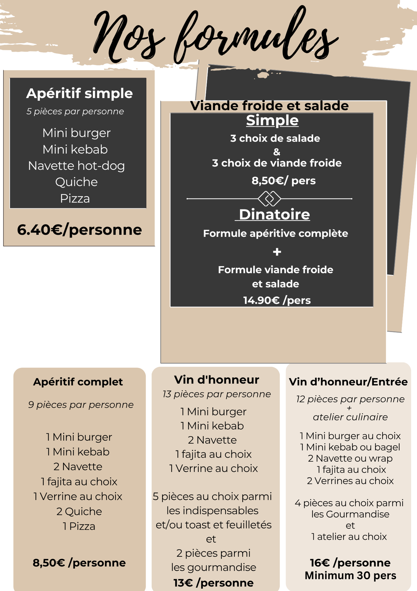 Tableau de menu français avec options de desserts et de boissons sur des panneaux beiges et noirs, intitulé « Nos formules »