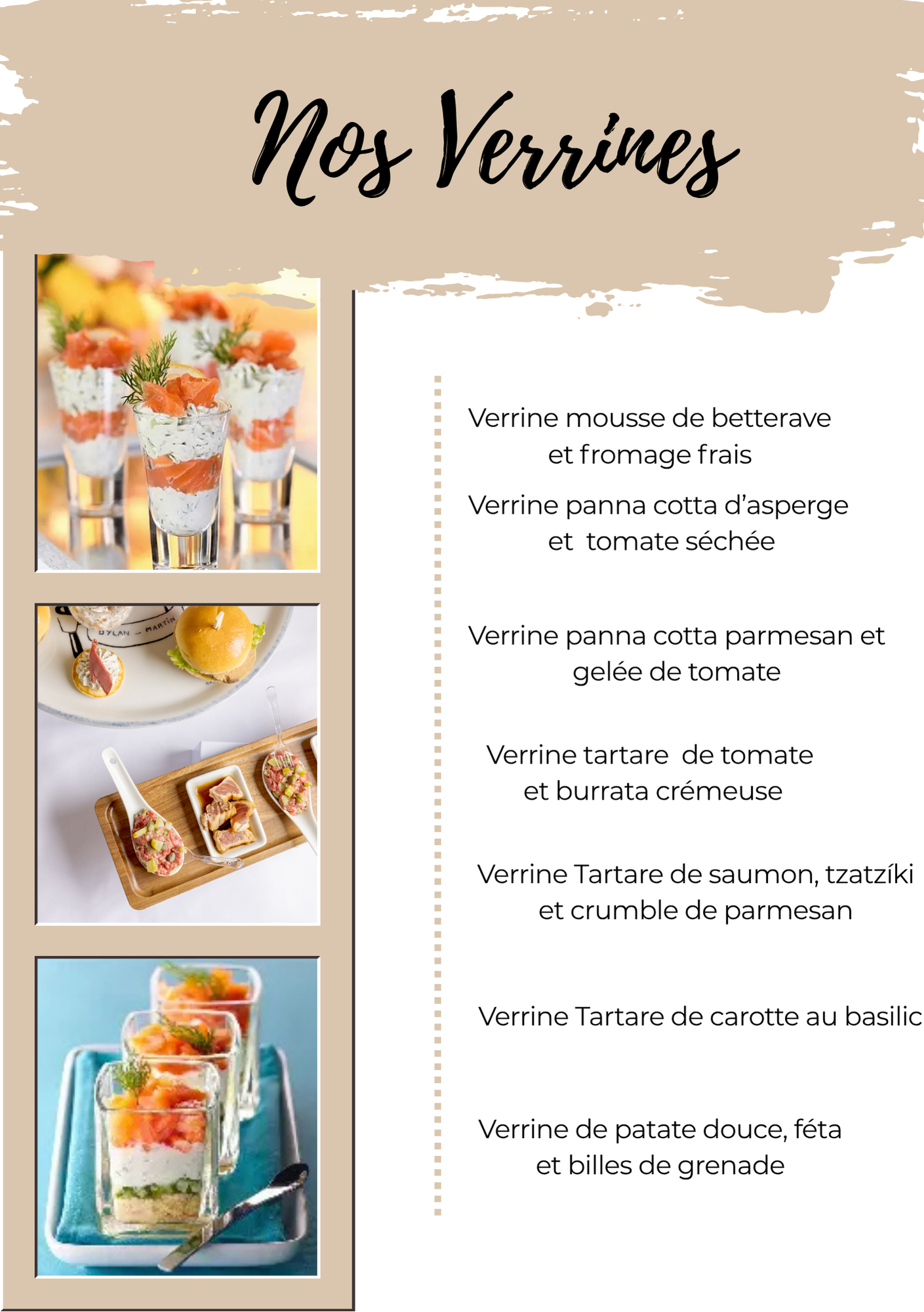 Affiche du menu intitulée « Nos Verrines » avec des photos de verrines sucrées assorties et une liste des saveurs.