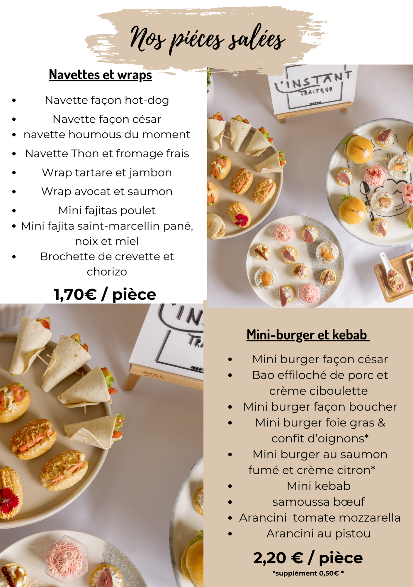 Affiche du menu des mini-pâtisseries salées et sucrées, avec photos des en-cas et prix en euros