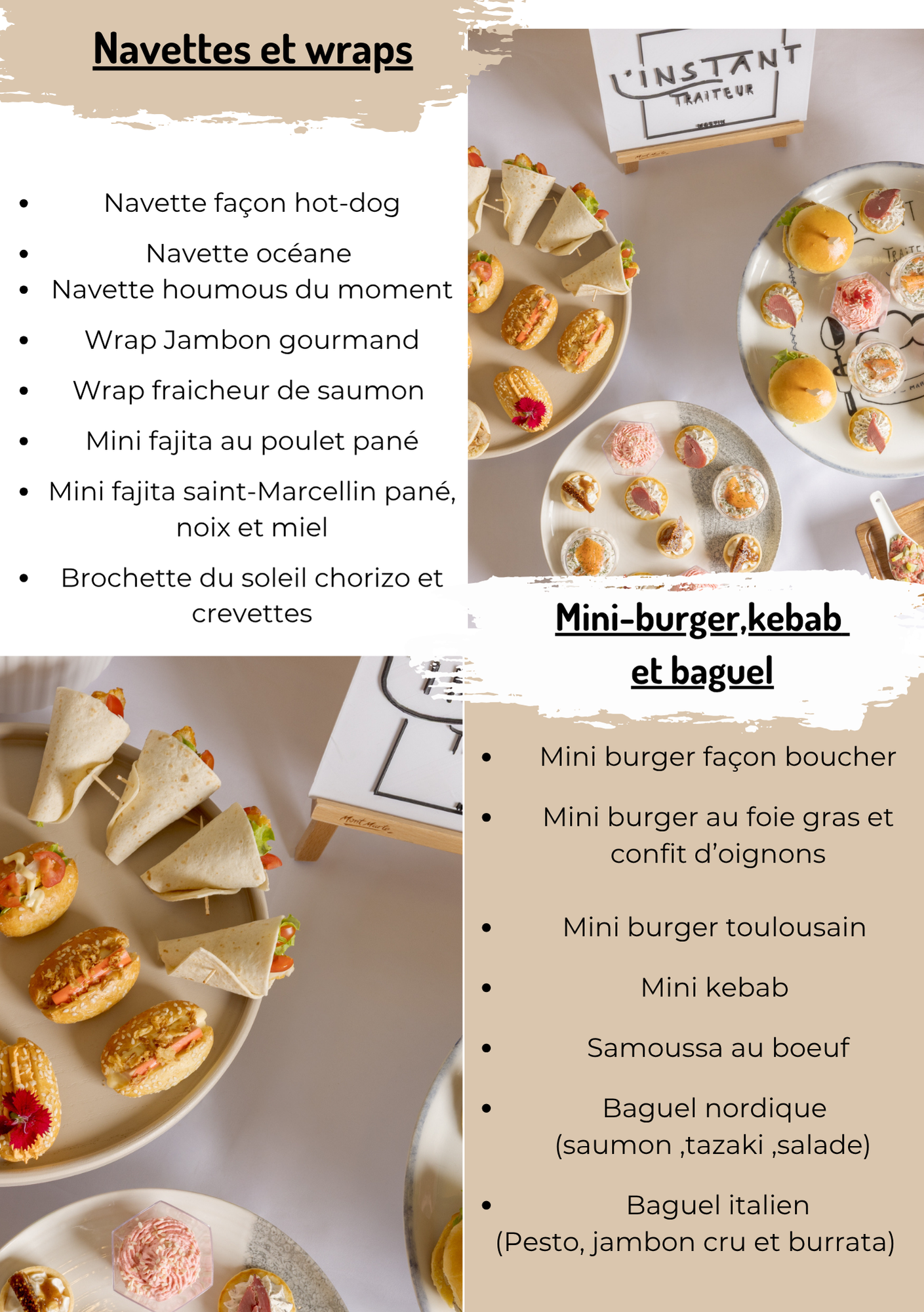 Flyer avec photos de mini-burgers, wraps et amuse-gueules, avec texte du menu en français sur fond beige
