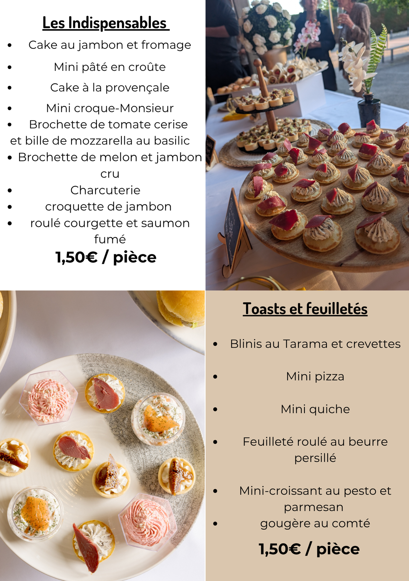 Carte des desserts avec mignardises à l'assiette et toasts feuilletés, dans des tons crème et or.