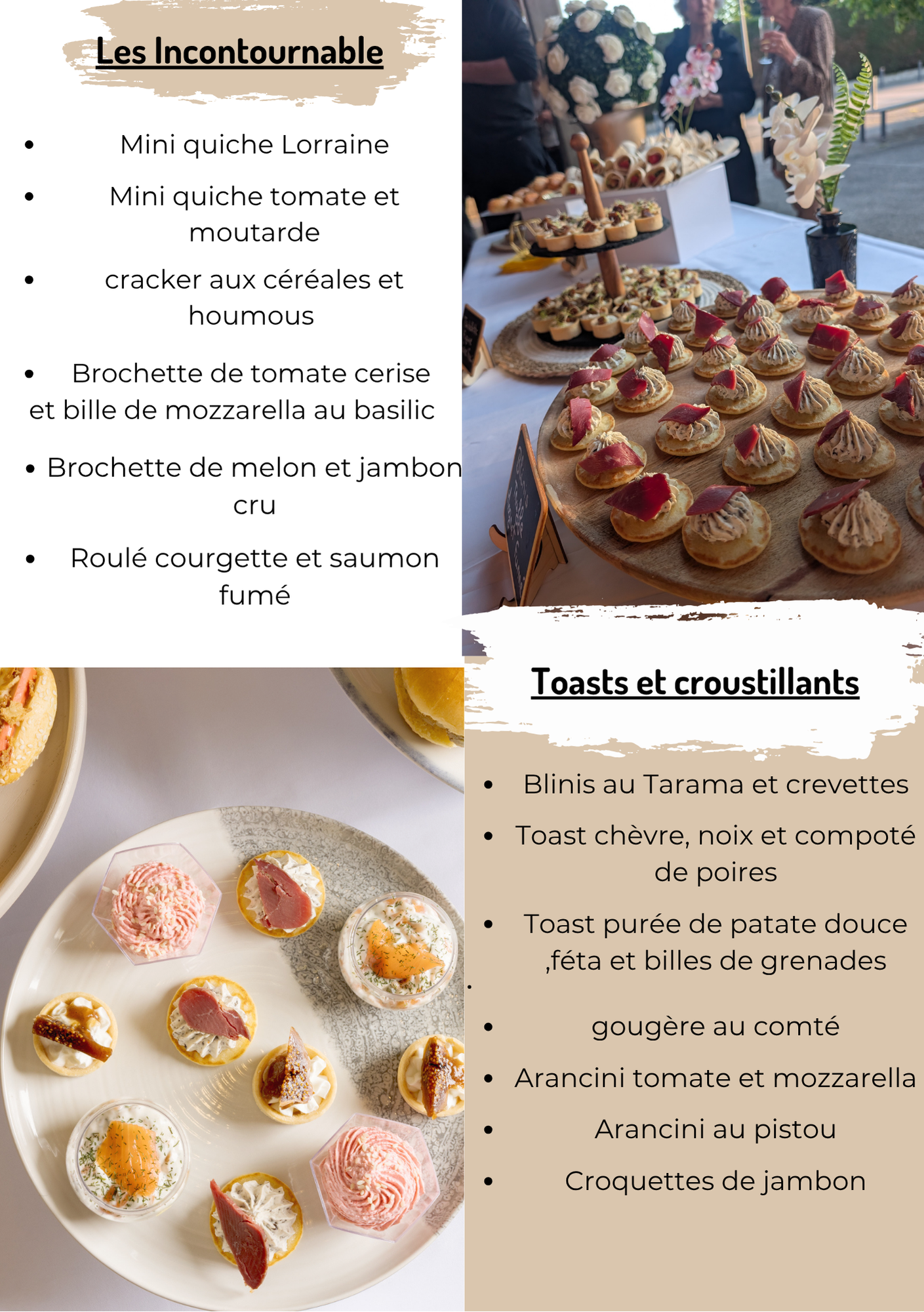 Collage promotionnel de canapés salés et de toasts apéritifs avec texte français sur fond beige