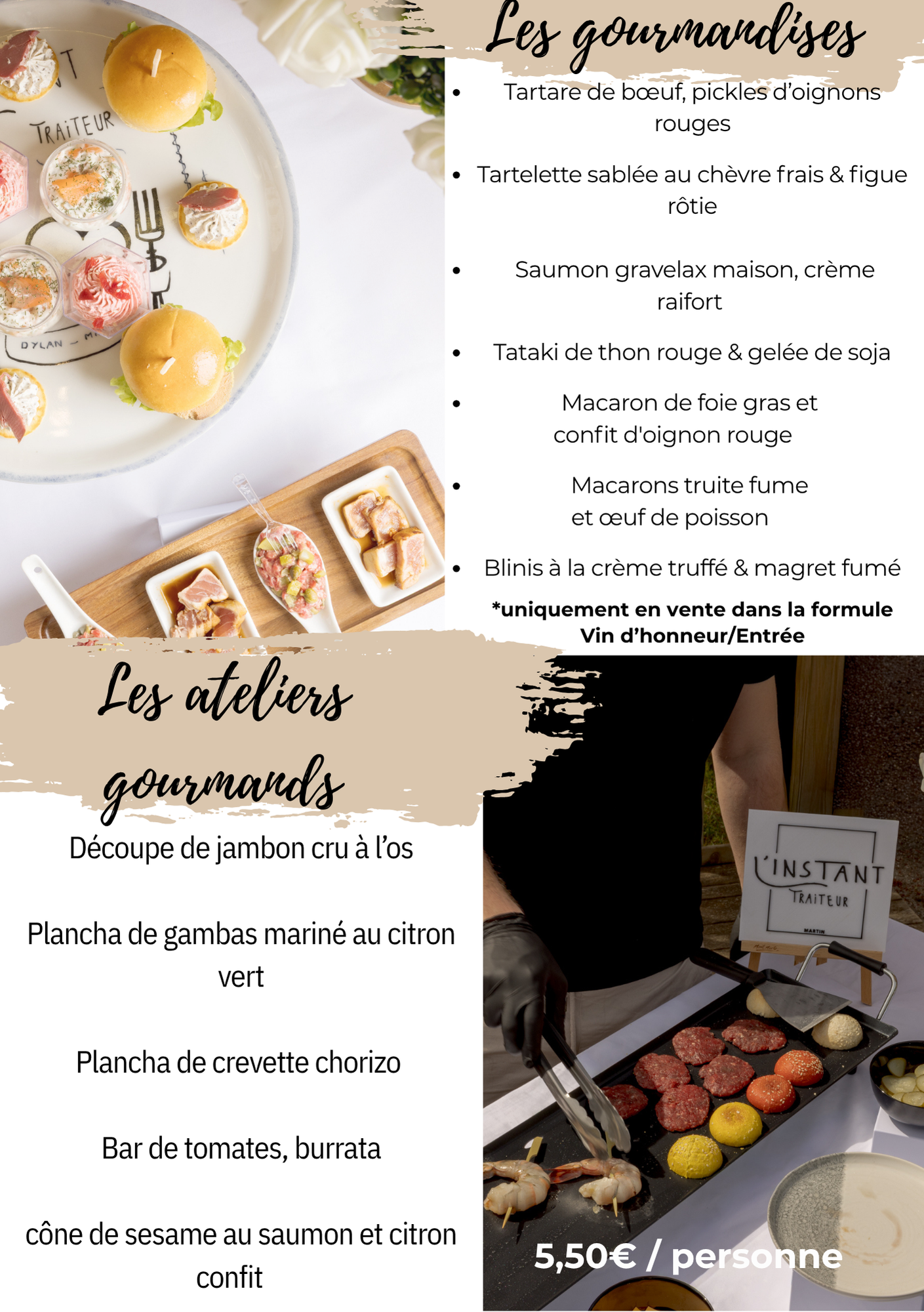 Brochure de pâtisseries gourmandes avec gâteaux, éclairs et atelier culinaire sur fond beige.