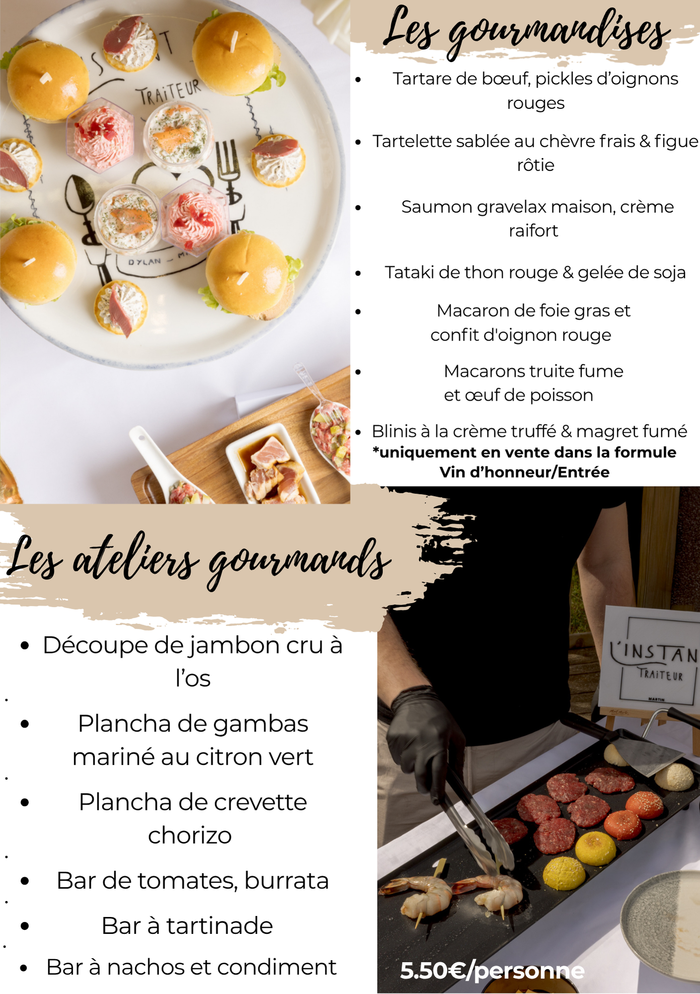 Flyer pour des ateliers gourmands avec pâtisseries, desserts et décorations en chocolat sur fond blanc et beige