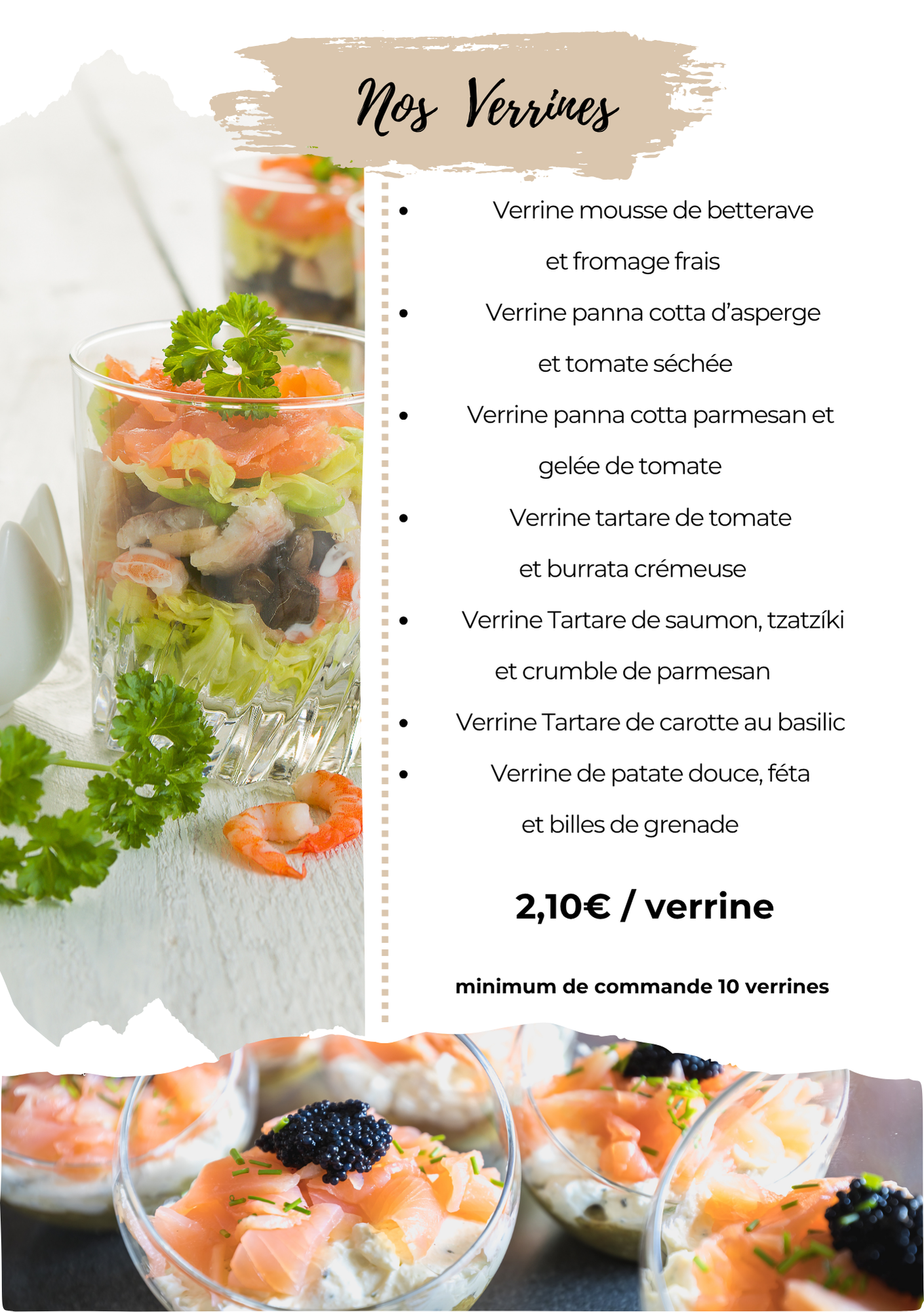 Menu de verrines gastronomiques avec photos de bouchées colorées et prix indiqué.
