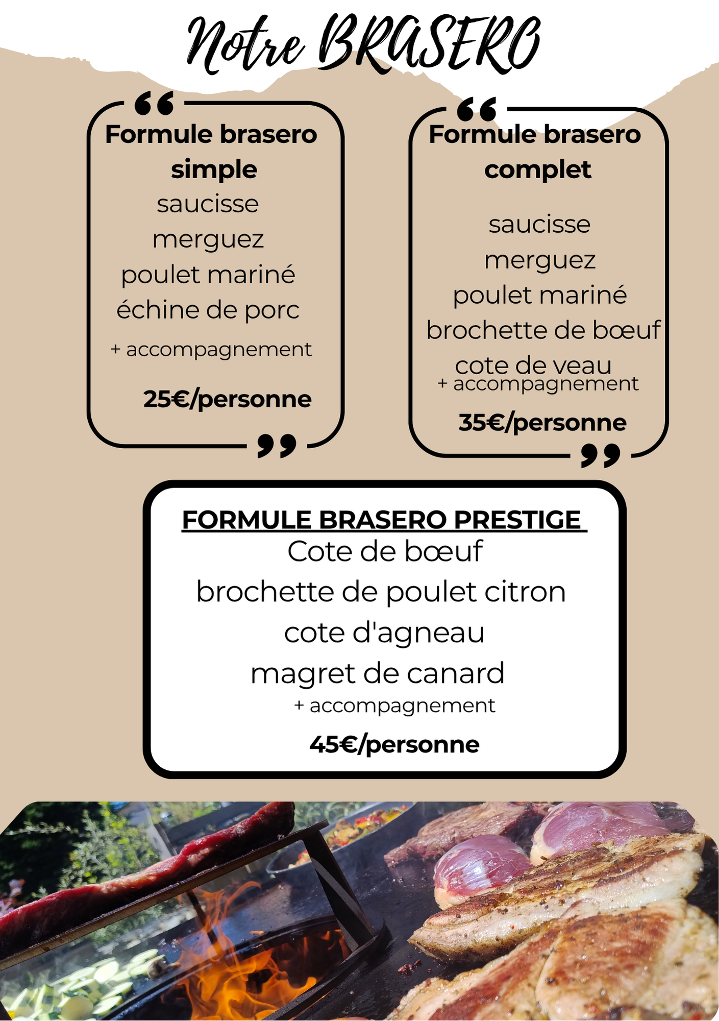 Menu de braisero avec formules simple, complète et prestige, prix affichés, sur fond beige et noir