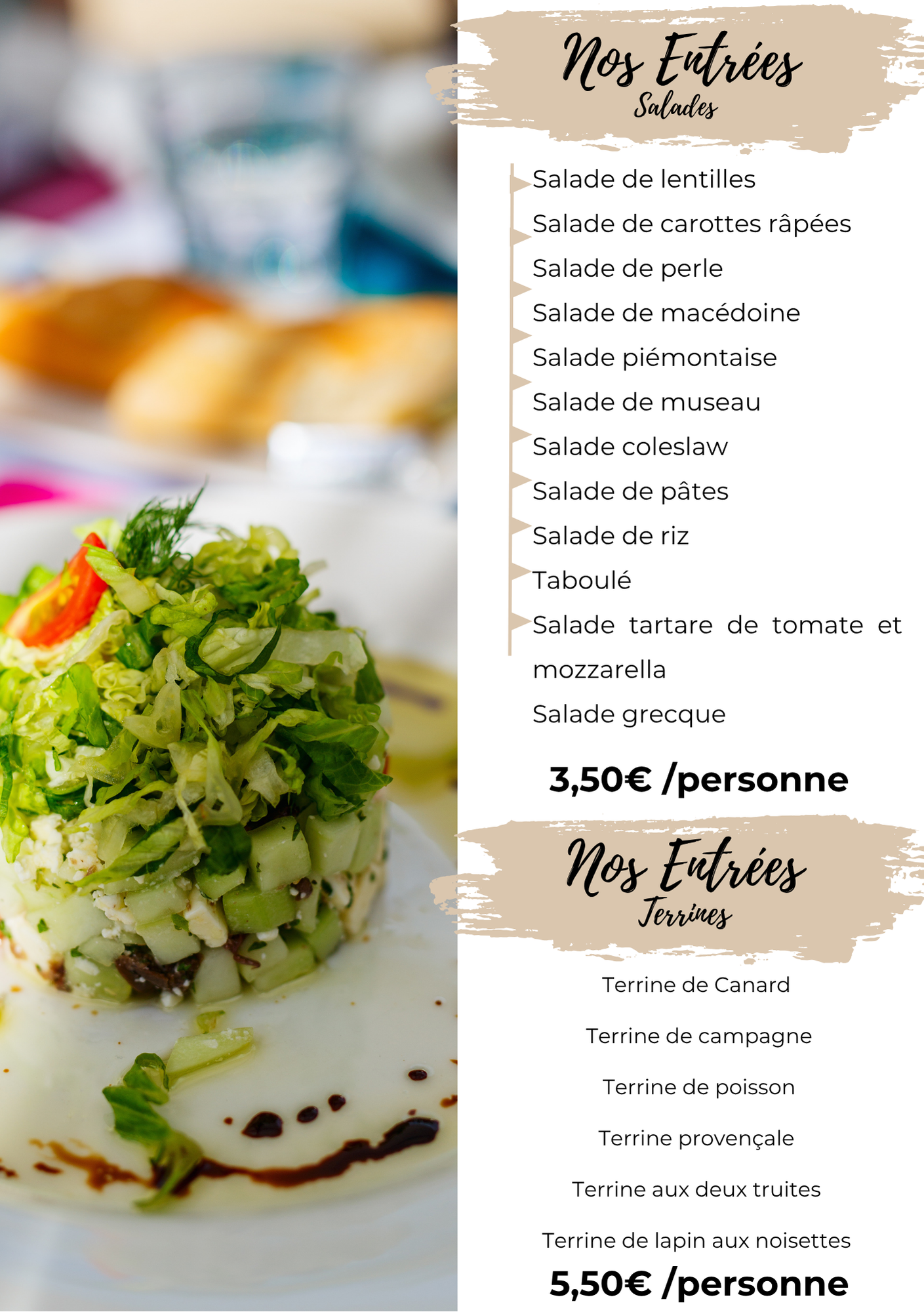 Tableau des menus affichant « Nos Entrées » et « Nos Étrées », avec plusieurs entrées et leurs prix en français.