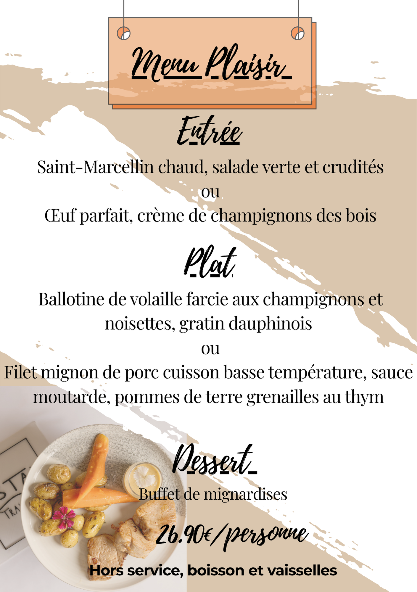 Menu de déjeuner floral beige et rose, avec sections Entrée, Plat et Dessert.