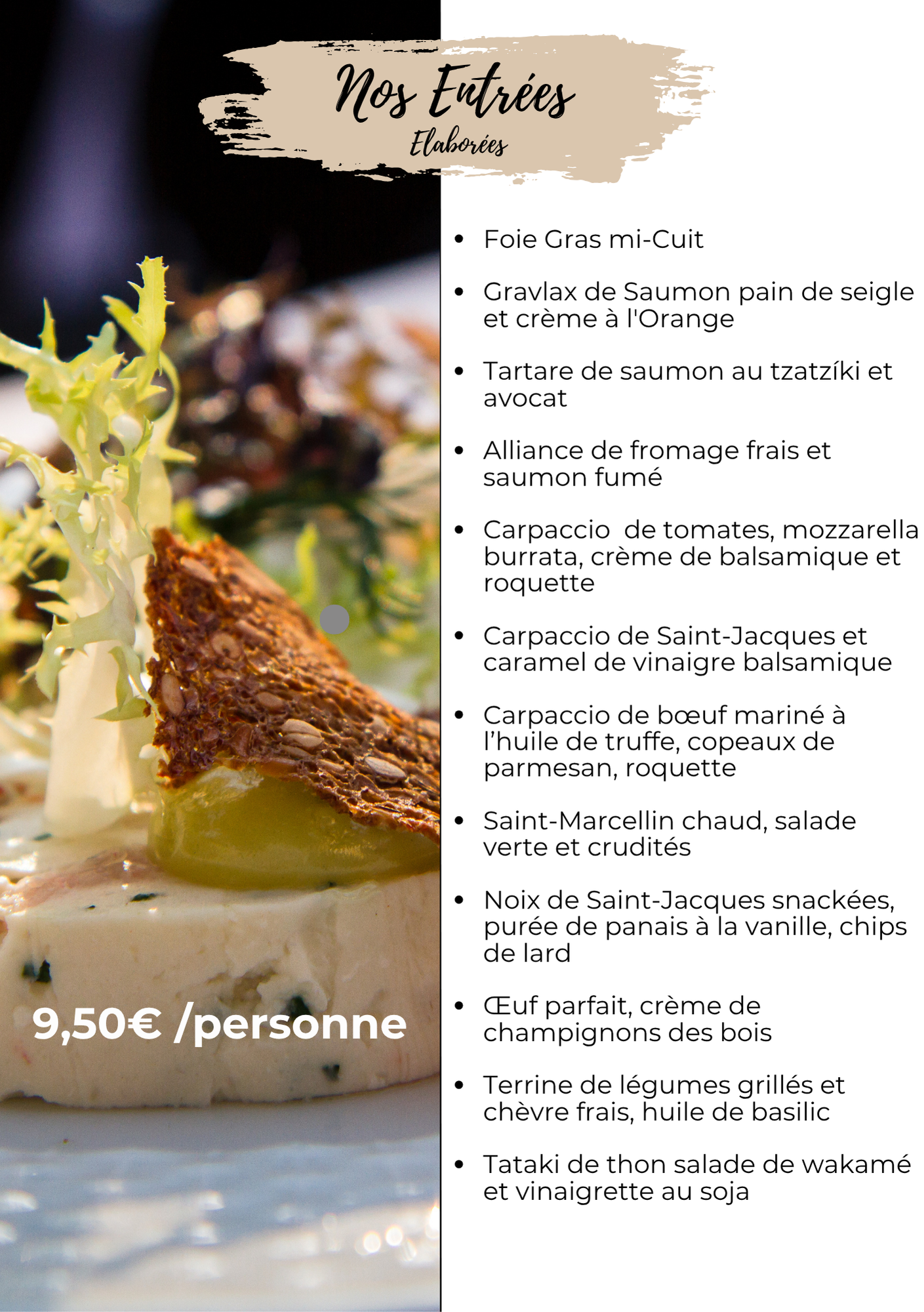 Carte des desserts proposant une pâtisserie à l'assiette avec garniture de caramel et inscription en français