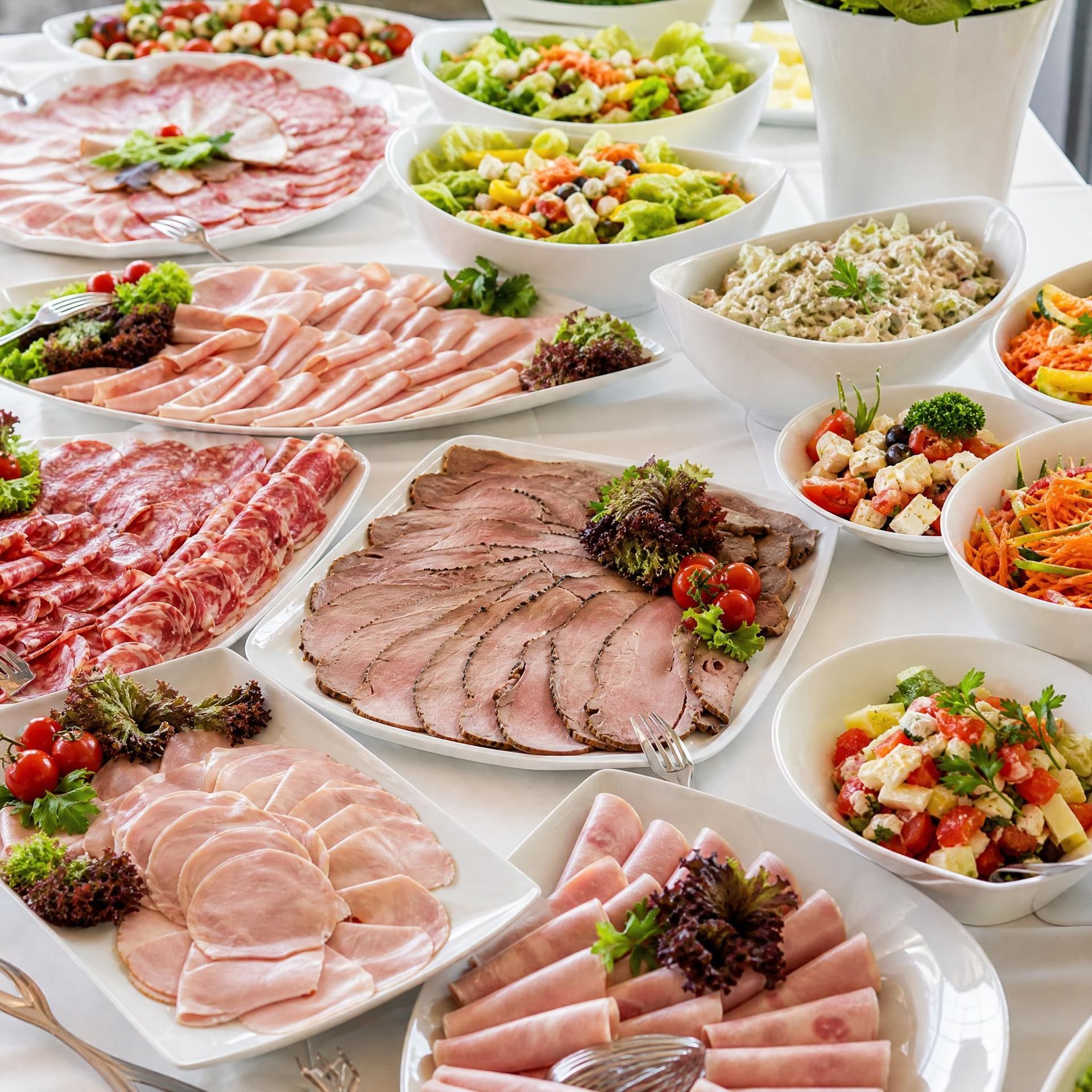 Assortiment de charcuteries, salades et viandes tranchées disposées sur des plateaux blancs à une table de buffet