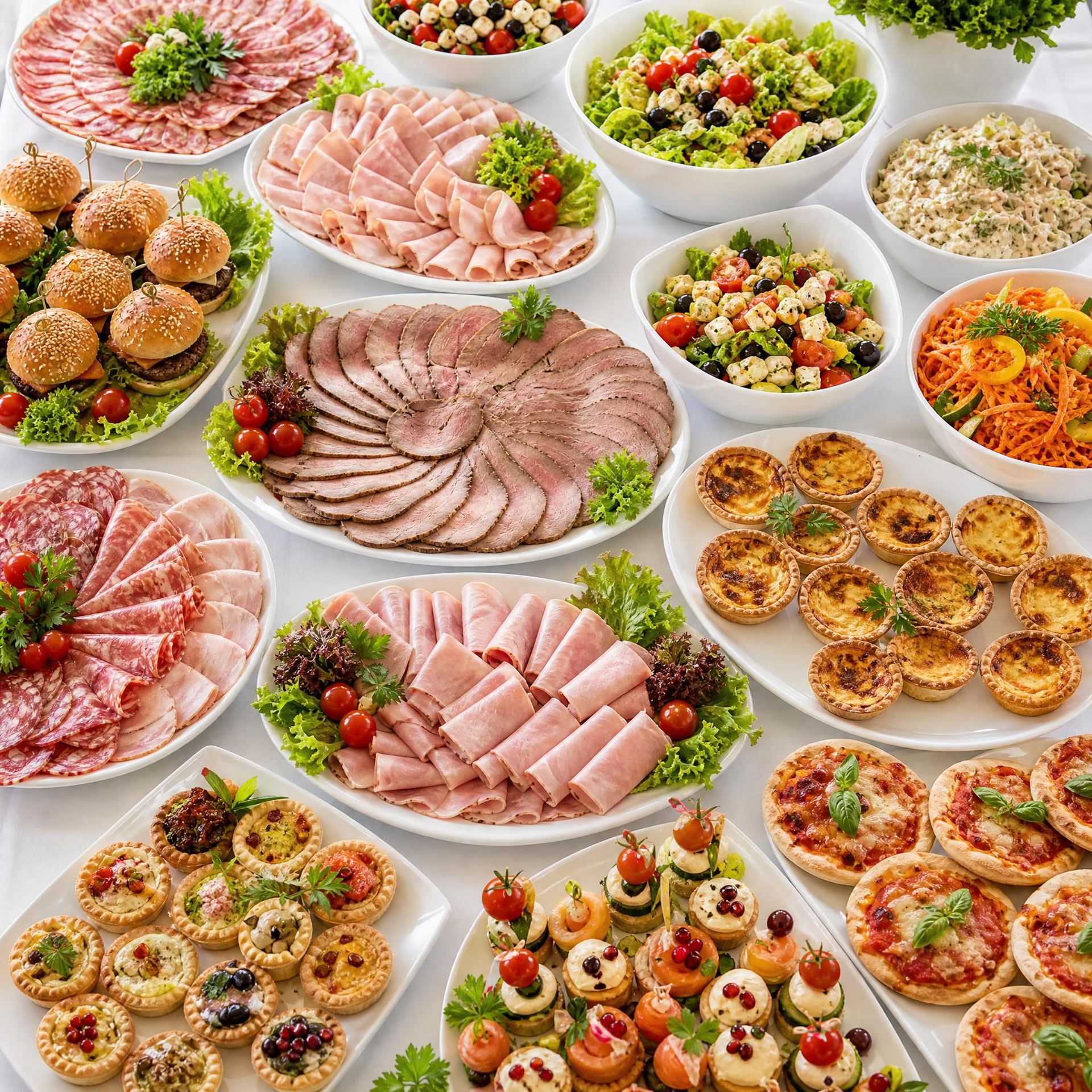 Assortiment de hors-d'œuvre et d'amuse-gueules disposés sur des plateaux et des bols blancs, sur une table lumineuse.