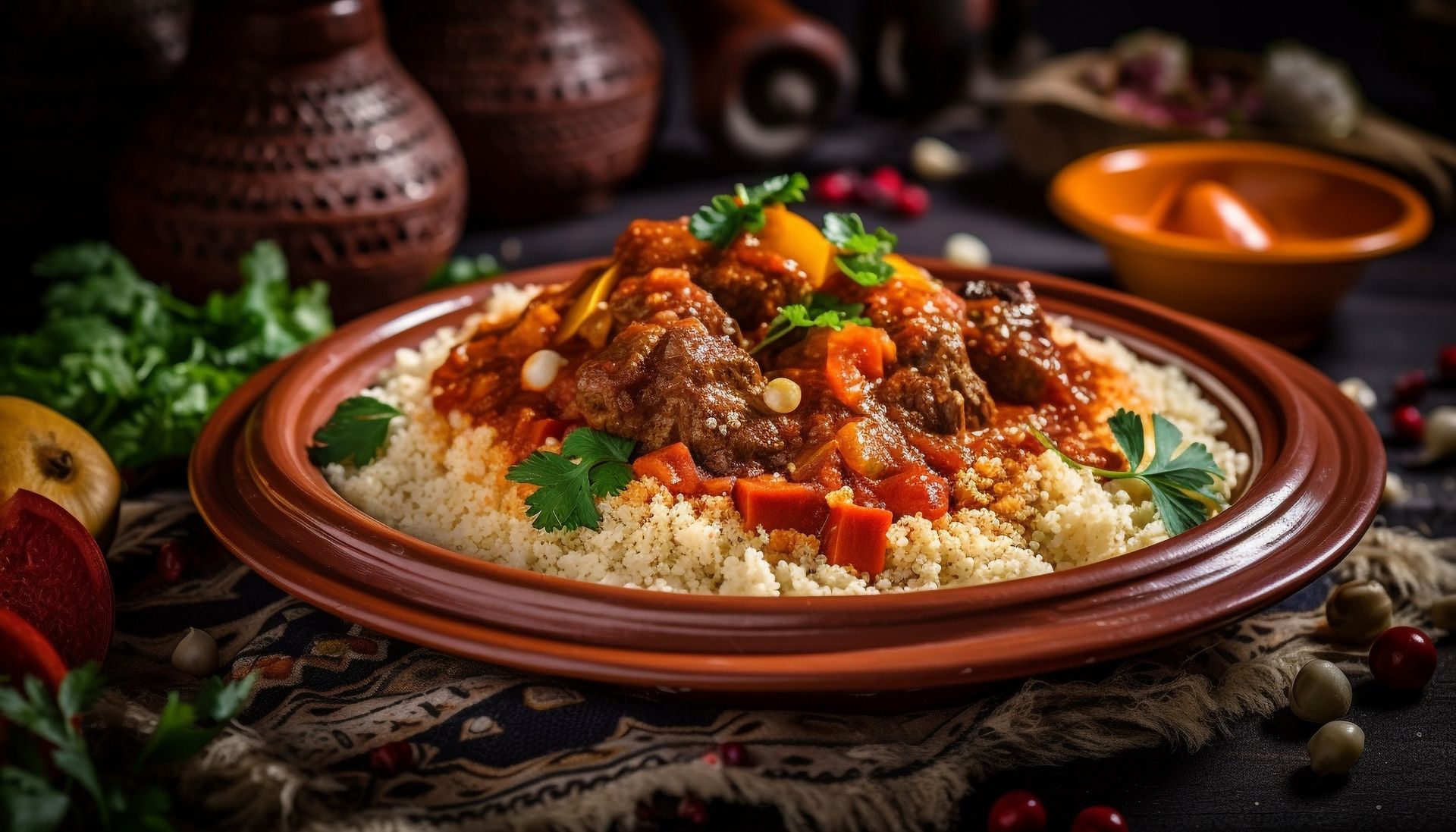 Un ragoût copieux servi sur du couscous sur une table rustique, garni d'herbes et de légumes.