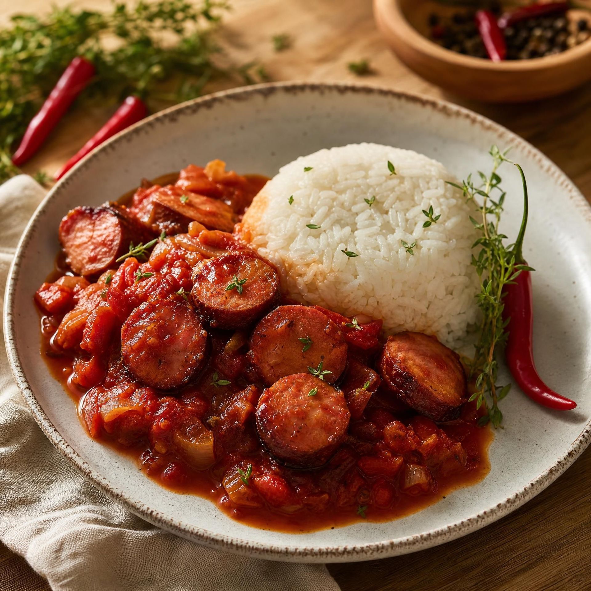 Assiette de saucisses tranchées en sauce rouge, servie avec du riz blanc, garnie d'herbes et de piments rouges.