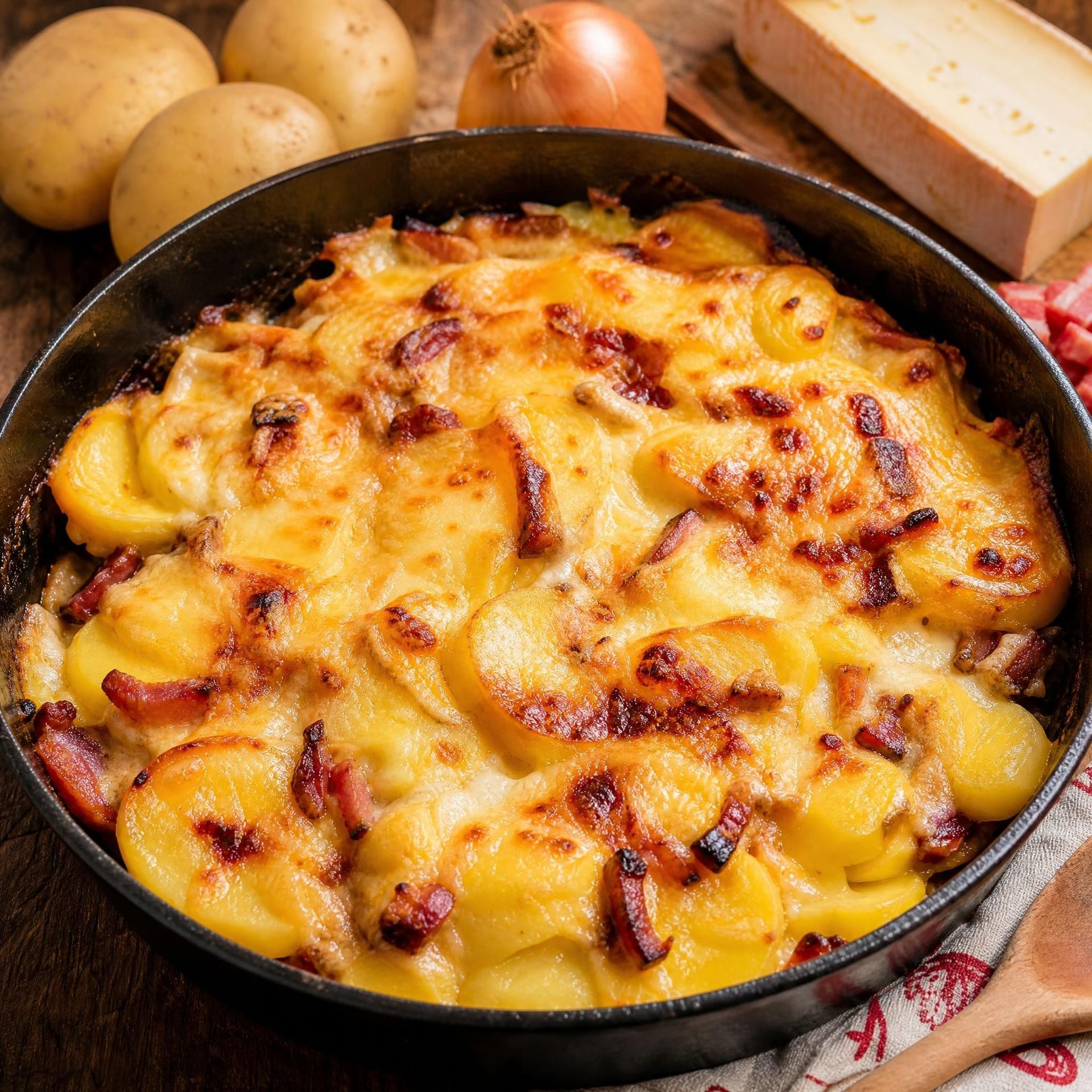 Gratin de pommes de terre au fromage cuit au four, avec une surface dorée, entouré de pommes de terre et d'oignons.