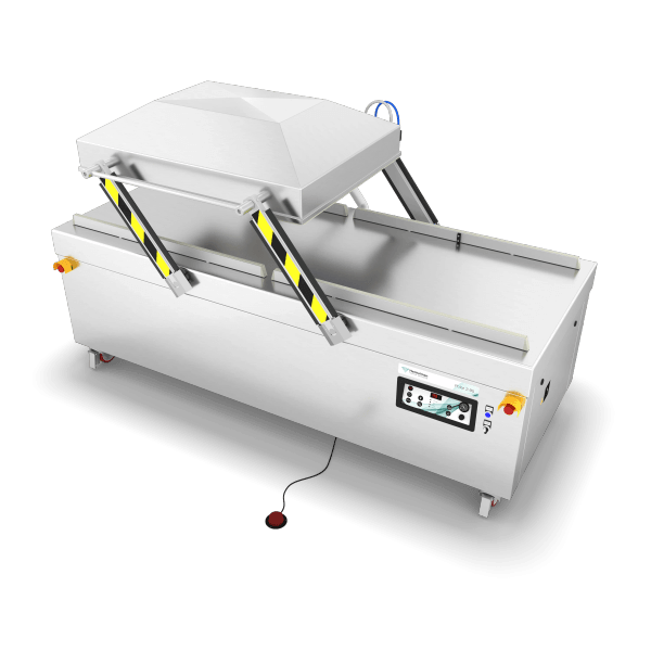 Industrielle Vakuumverpackungsmaschine mit offenem Deckel, weißem Gehäuse und digitalem Bedienfeld.