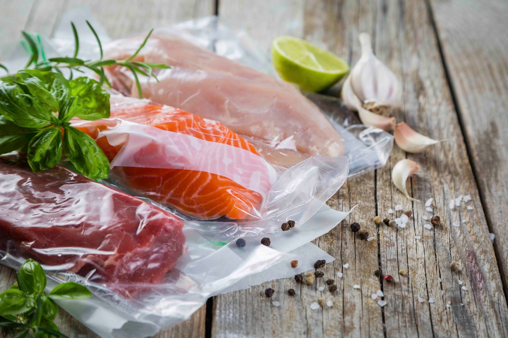 Roher Lachs und Rindfleisch in Frischhaltefolie mit Kräutern, Knoblauch und Limette auf einem rustikalen Holztisch
