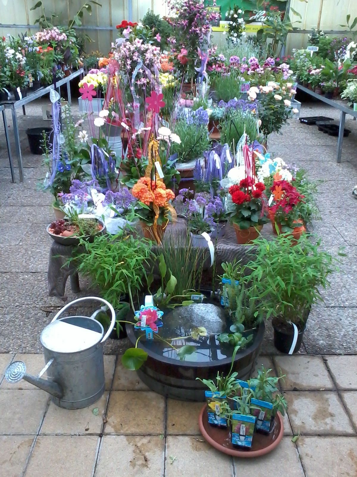 Eine Blumenladenauslage mit bunten Blumensträußen, Pflanzen, einem kleinen Springbrunnen und einer Gießkanne.