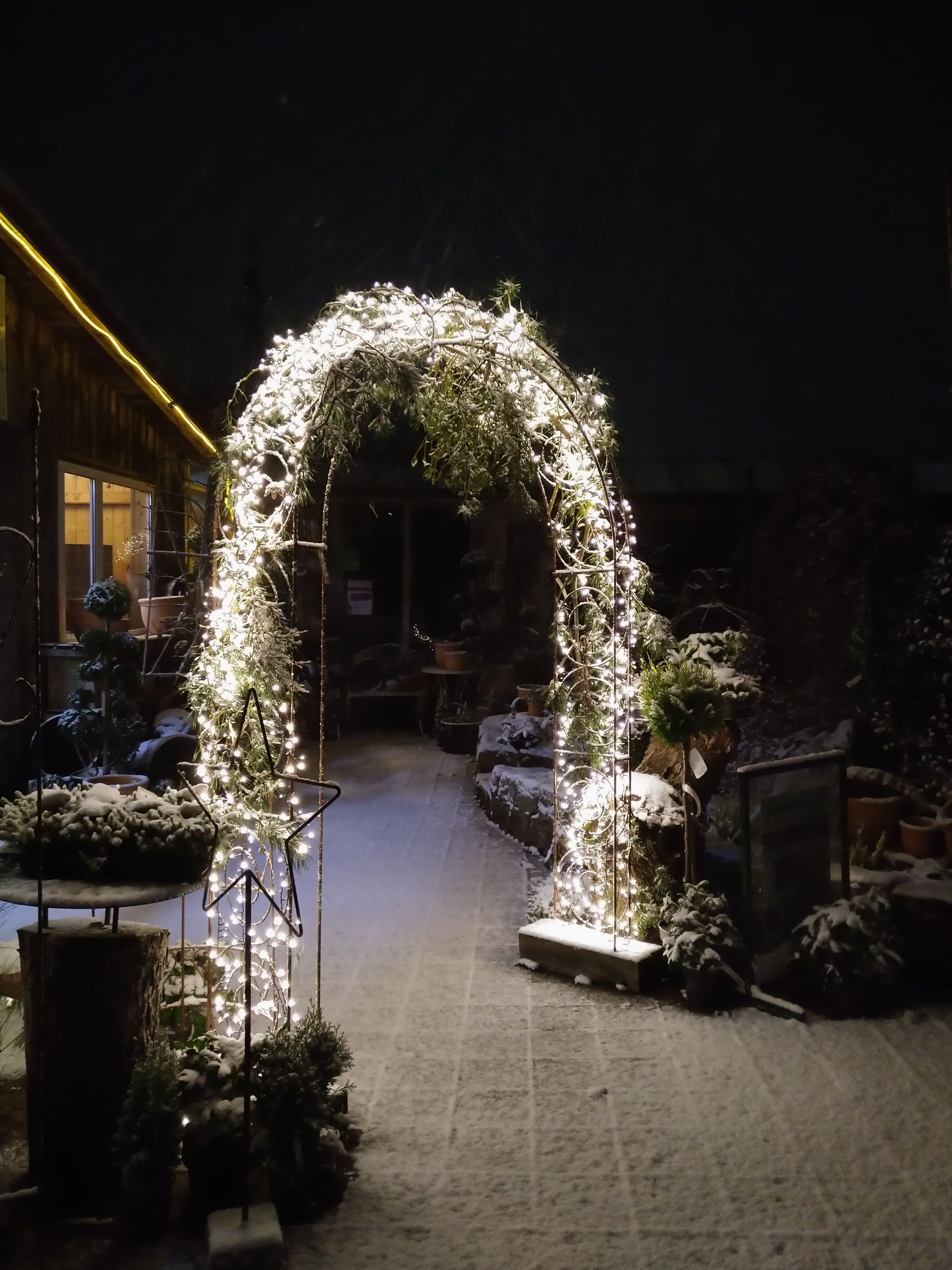 Verschneiter Gartenbogen, in weiße Lichter gehüllt. Dunkle Nacht mit Gebäuden und Pflanzen im Schnee.