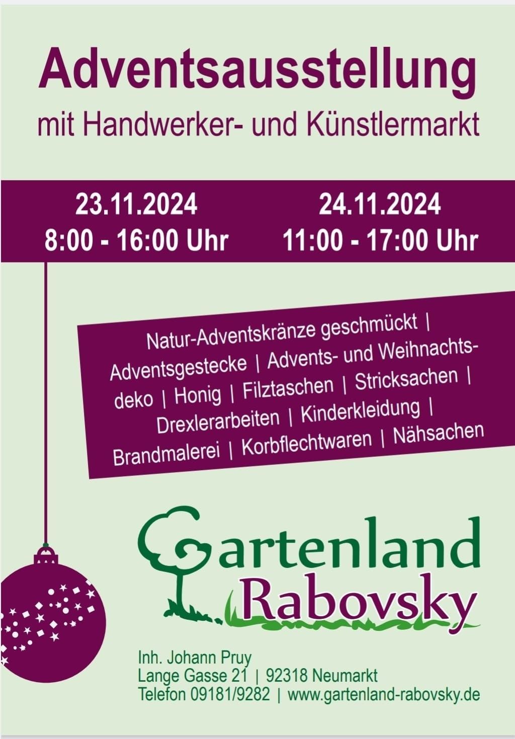 Plakat für eine Adventsausstellung mit Kunsthandwerksmarkt, 23.–24. November, mit Kunsthandwerk, Kränzen und mehr im Gartenland Rabovsky.