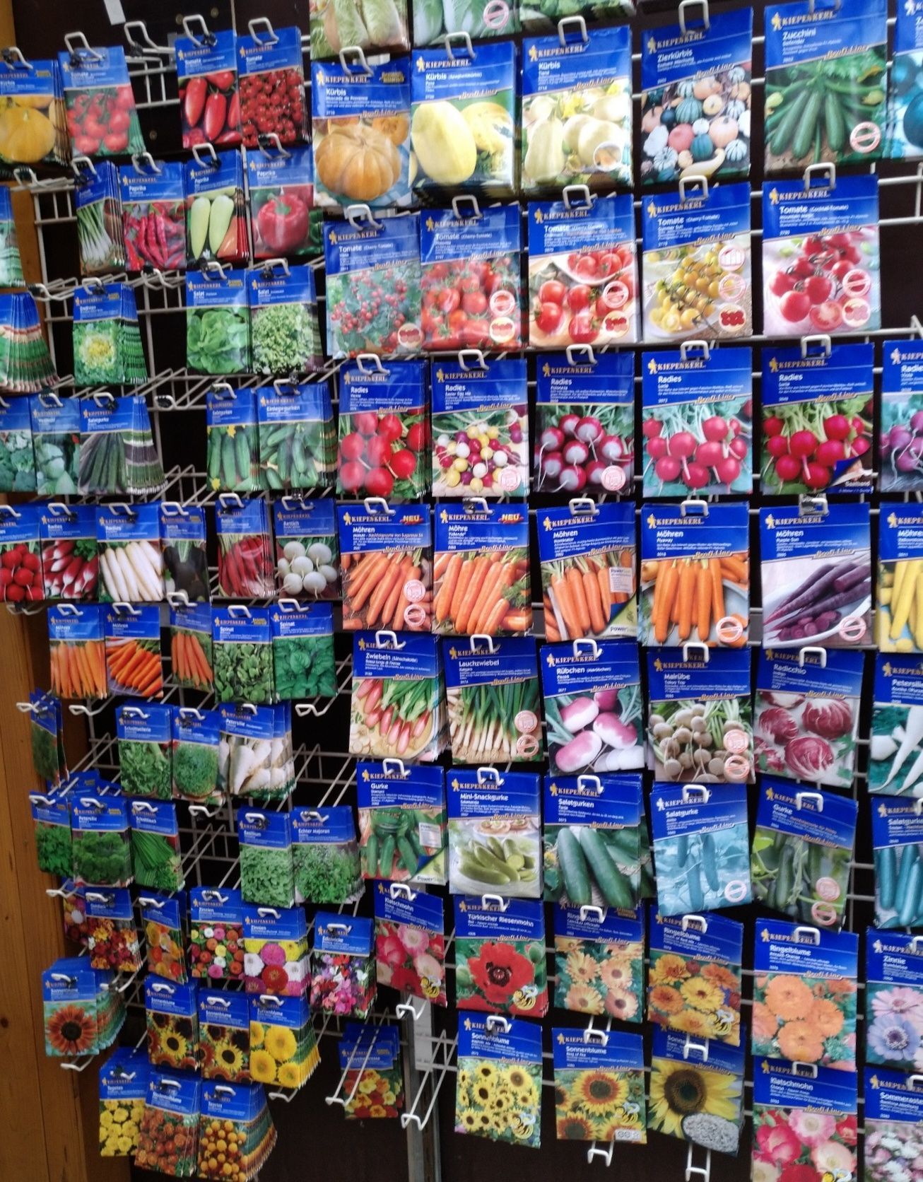 Samenpäckchen auf einem Gitterrost; viele Sorten Gemüse- und Blumensamen in blauen Päckchen.