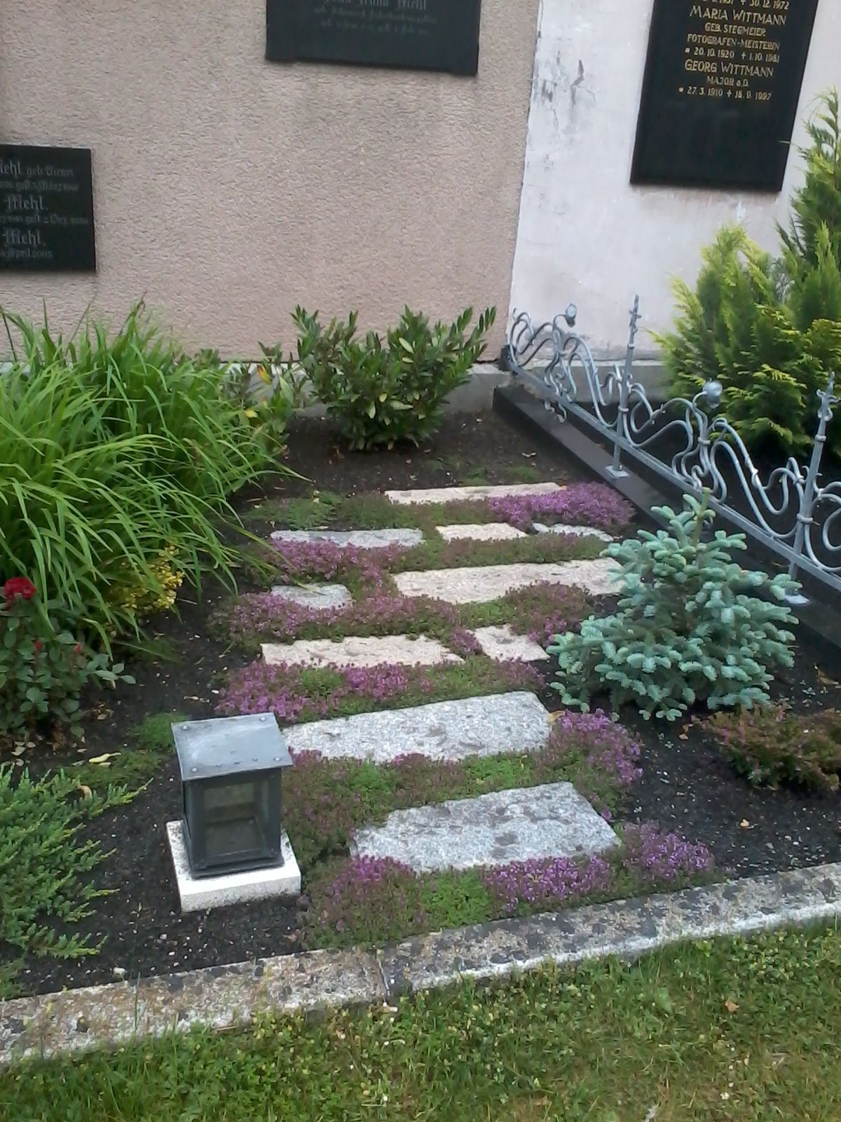 Grab mit Steinweg, violettem Thymian, grünen Pflanzen und einer schwarzen Laterne.