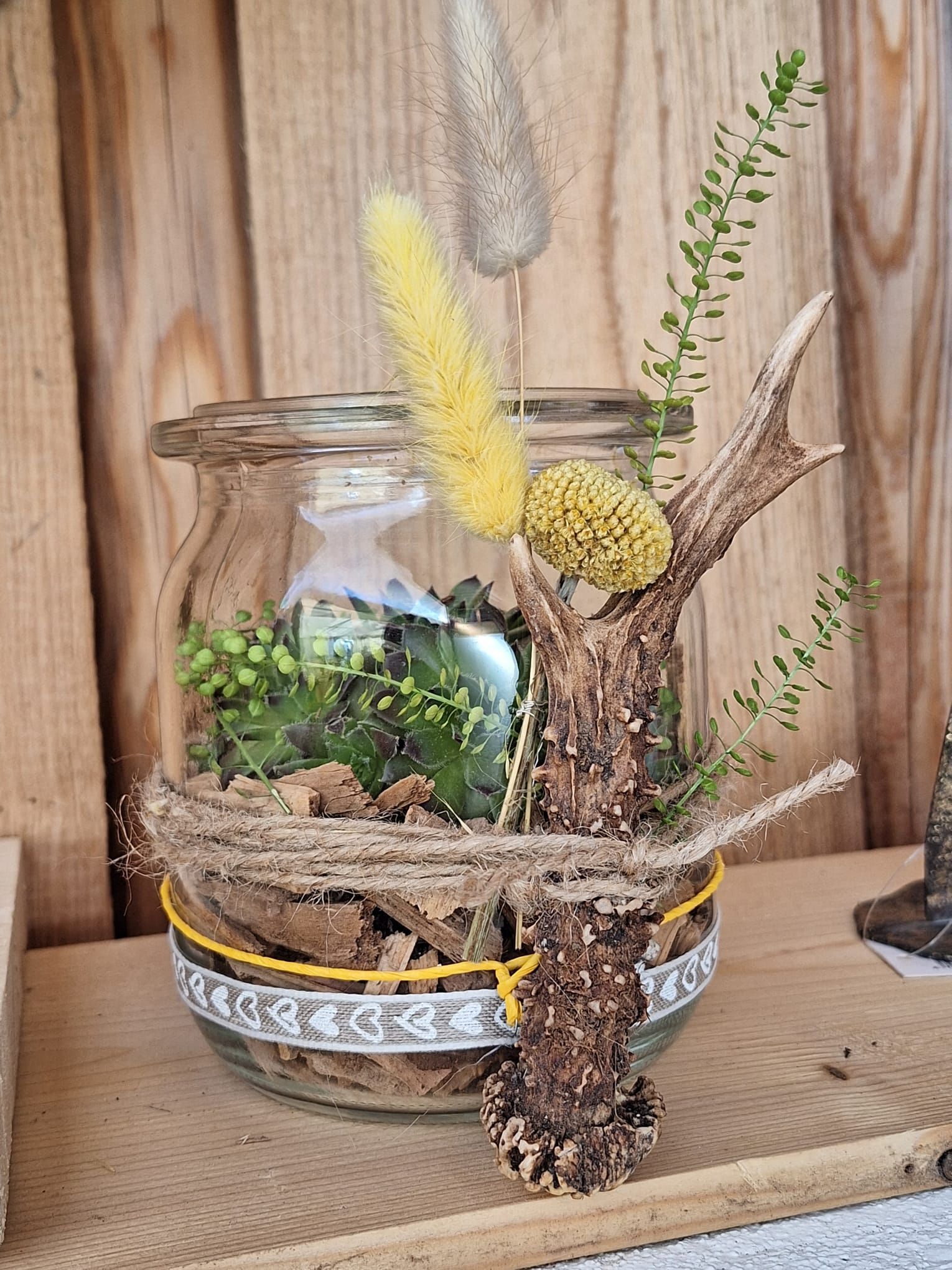 Glasterrarium mit getrockneten Blumen, Grünpflanzen und einem Stück Holz auf einem Holzregal.