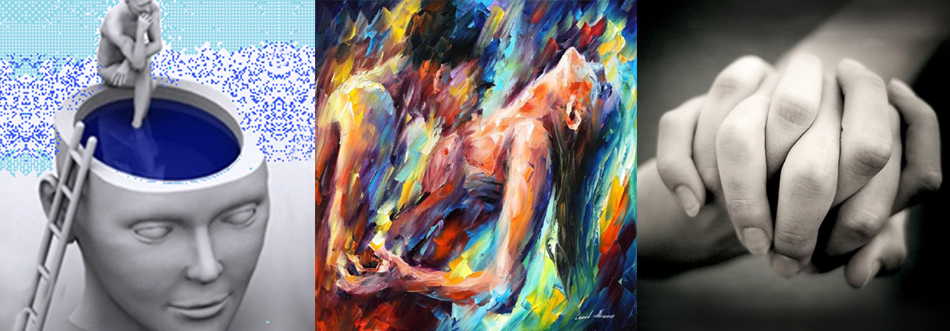Un collage de tres fotografías de una mujer, una pintura de una mujer y una persona tomada de la mano.