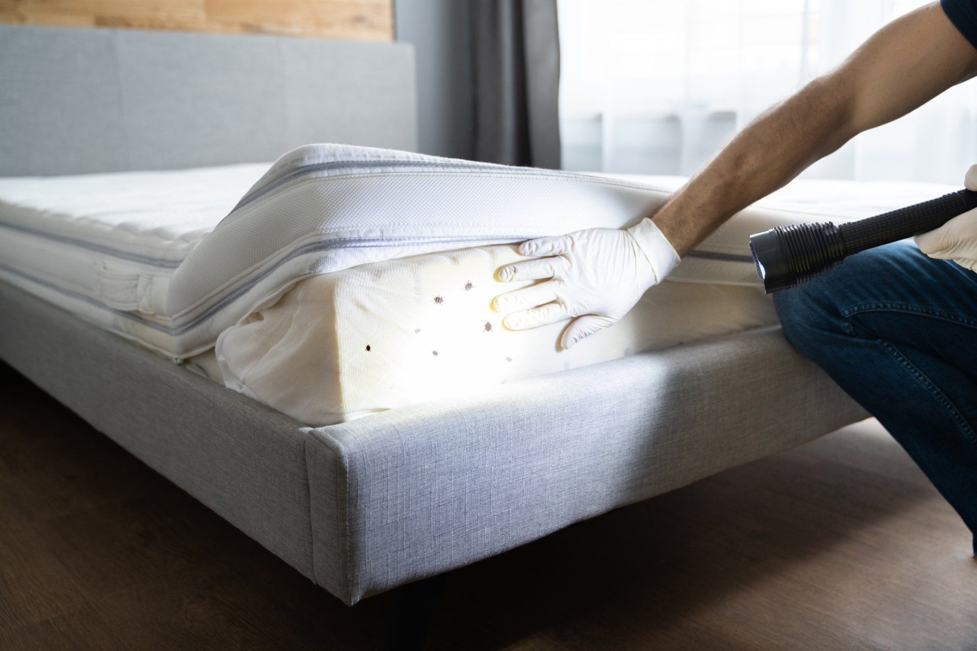 Une personne ajuste un matelas gris sur un lit à l'aide d'une lampe de poche dans une chambre.