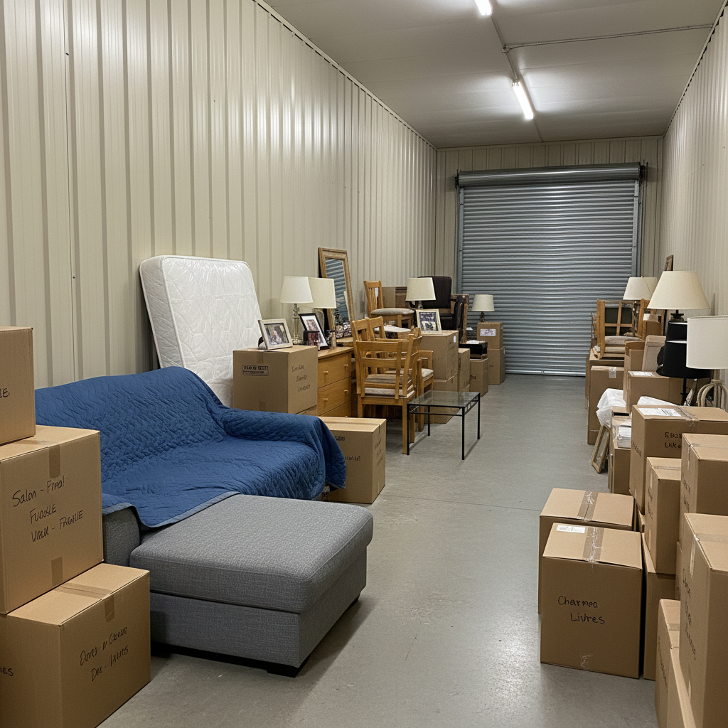Un box de stockage rempli de meubles emballés dans des cartons, de chaises et de lampes, le long d’une allée étroite.