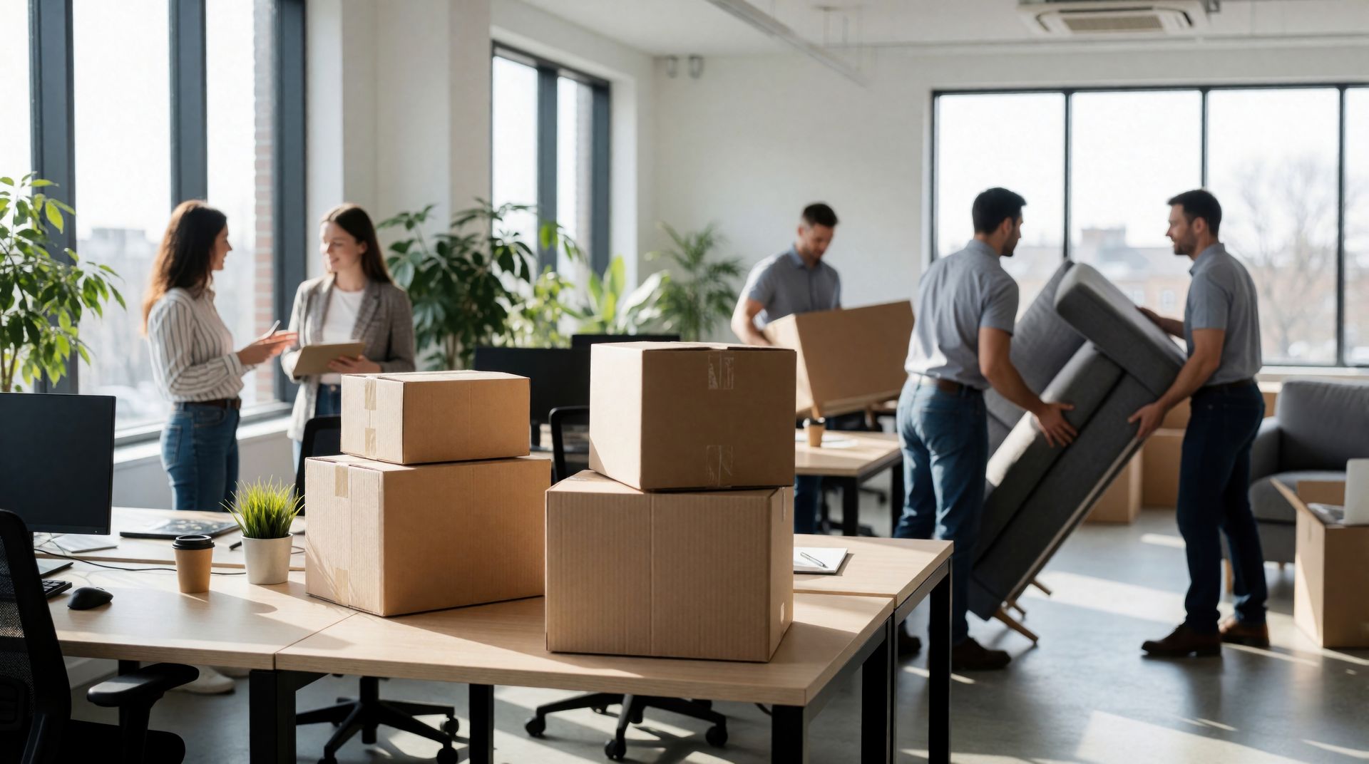 Déménagement de bureaux avec des employés transportant des cartons et un diable dans un espace de travail lumineux.