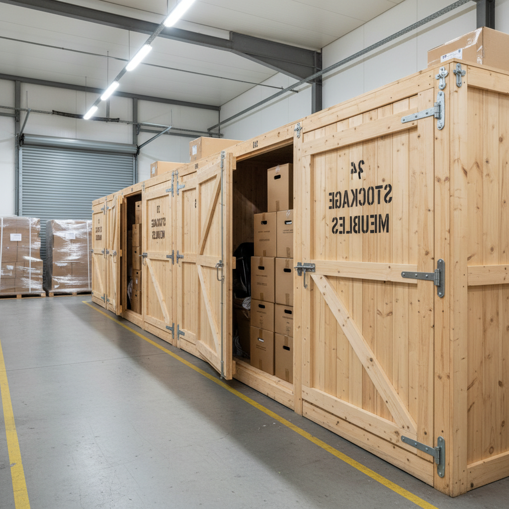 Des rangées de caisses d’expédition en bois dans une allée d’entrepôt, avec des palettes empilées en arrière-plan.