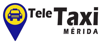 Logotipo para TeleTaxi Mérida: Un ícono de taxi dentro de un pin de ubicación azul, texto 