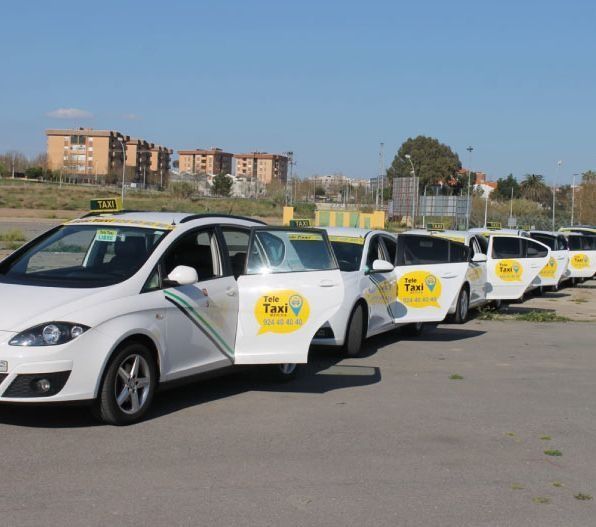 Una fila de taxis blancos con las puertas abiertas estacionados en la acera bajo un cielo azul.
